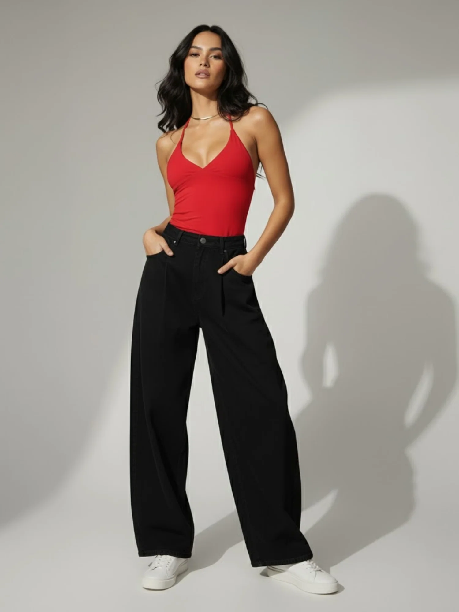 Red Plunge Cropped Halter Top - Image 3