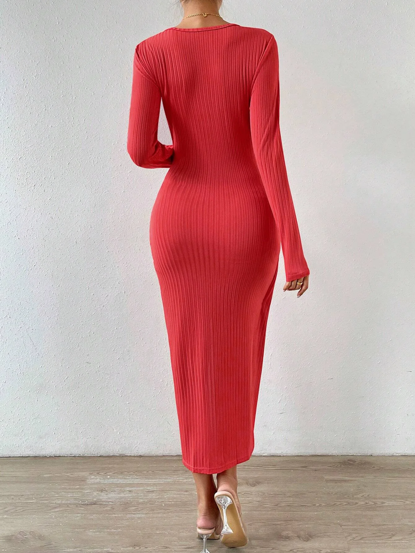 Red Plunge Neck Everyday Dress - Image 2