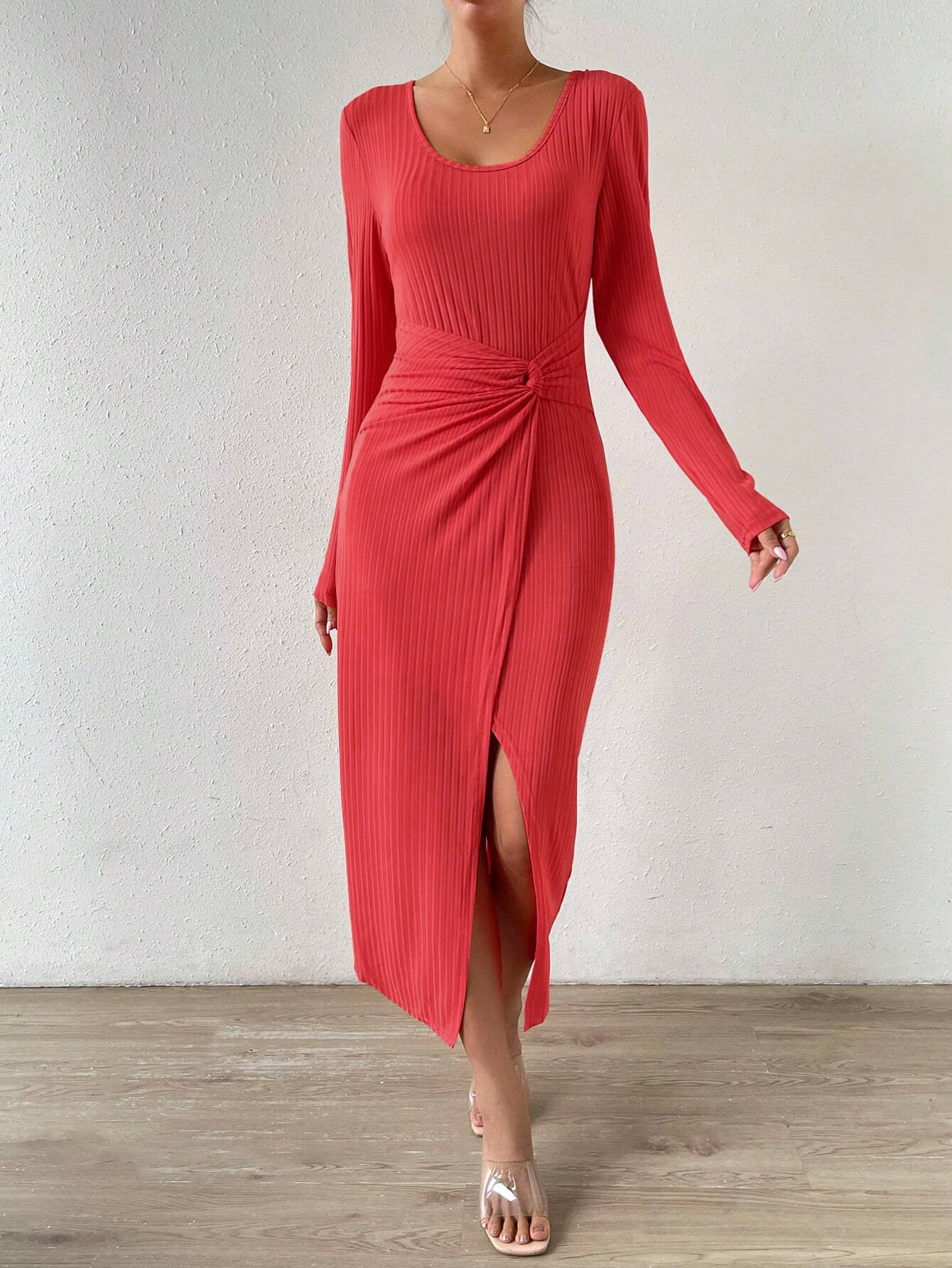 Red Plunge Neck Everyday Dress - Image 3