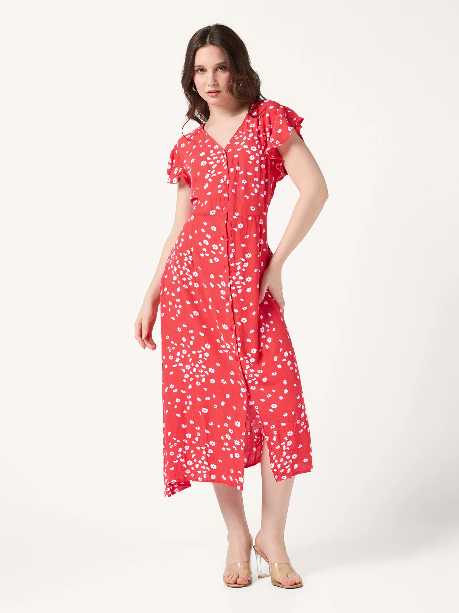 Red Printed Buttondown Dress - Image 5