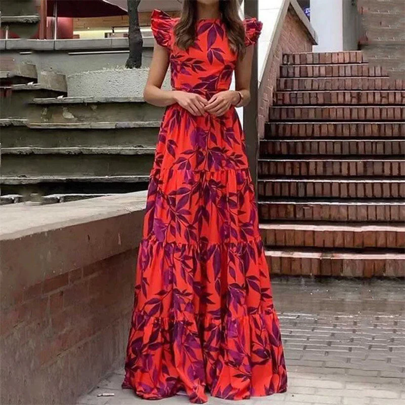 Red Printed Flutter Sleeved Ruffle Dress - Image 2