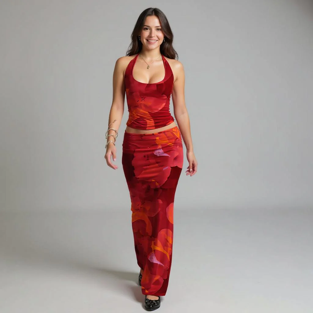 Red Printed Halter Top With Skirt Co-Ord Set