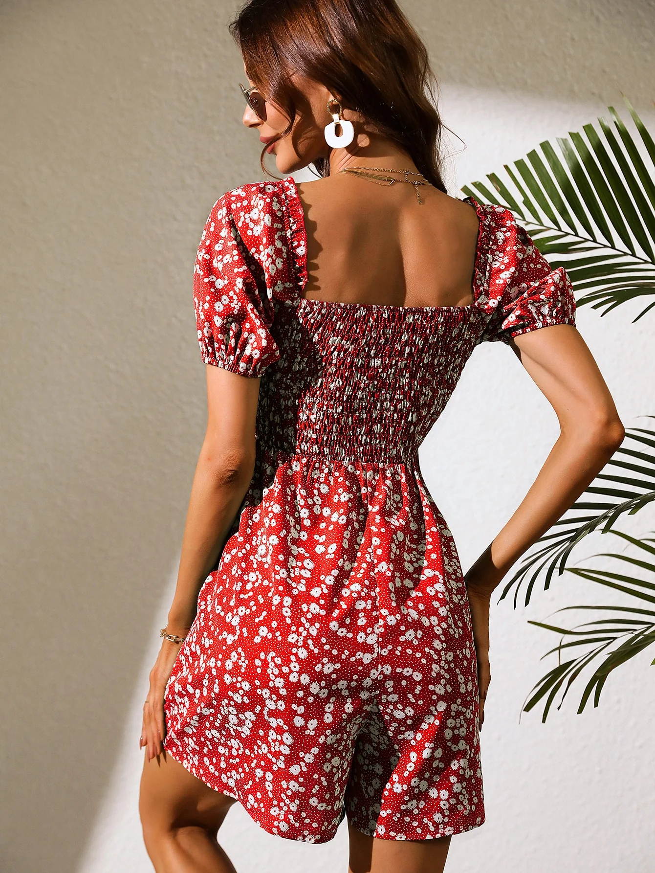 Red Printed Romper With Smocking - Image 3