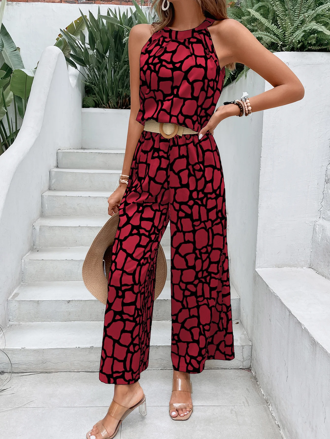 Red Printed Sleeveless Jumpsuit - Image 5