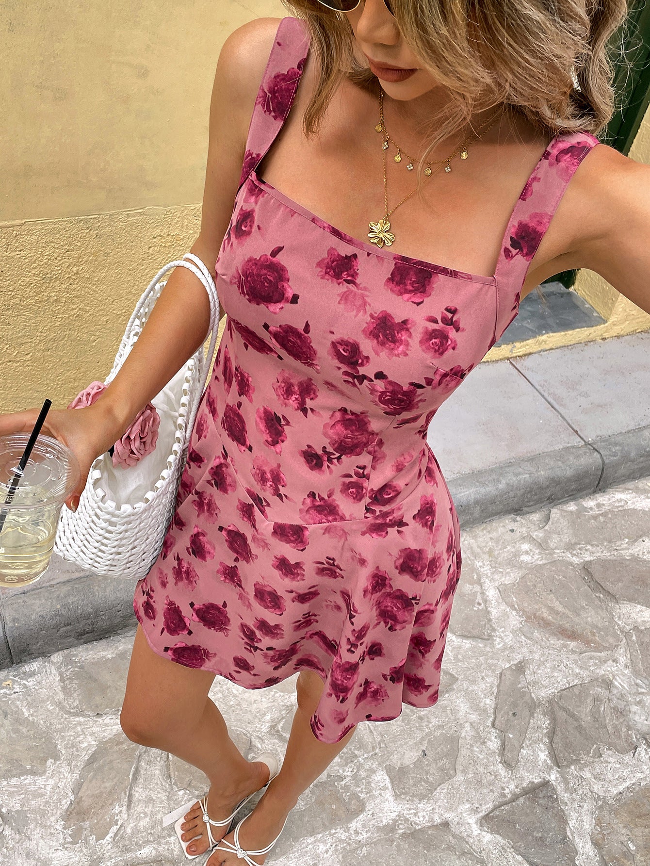 Red Printed Square Neck Dress - Image 5