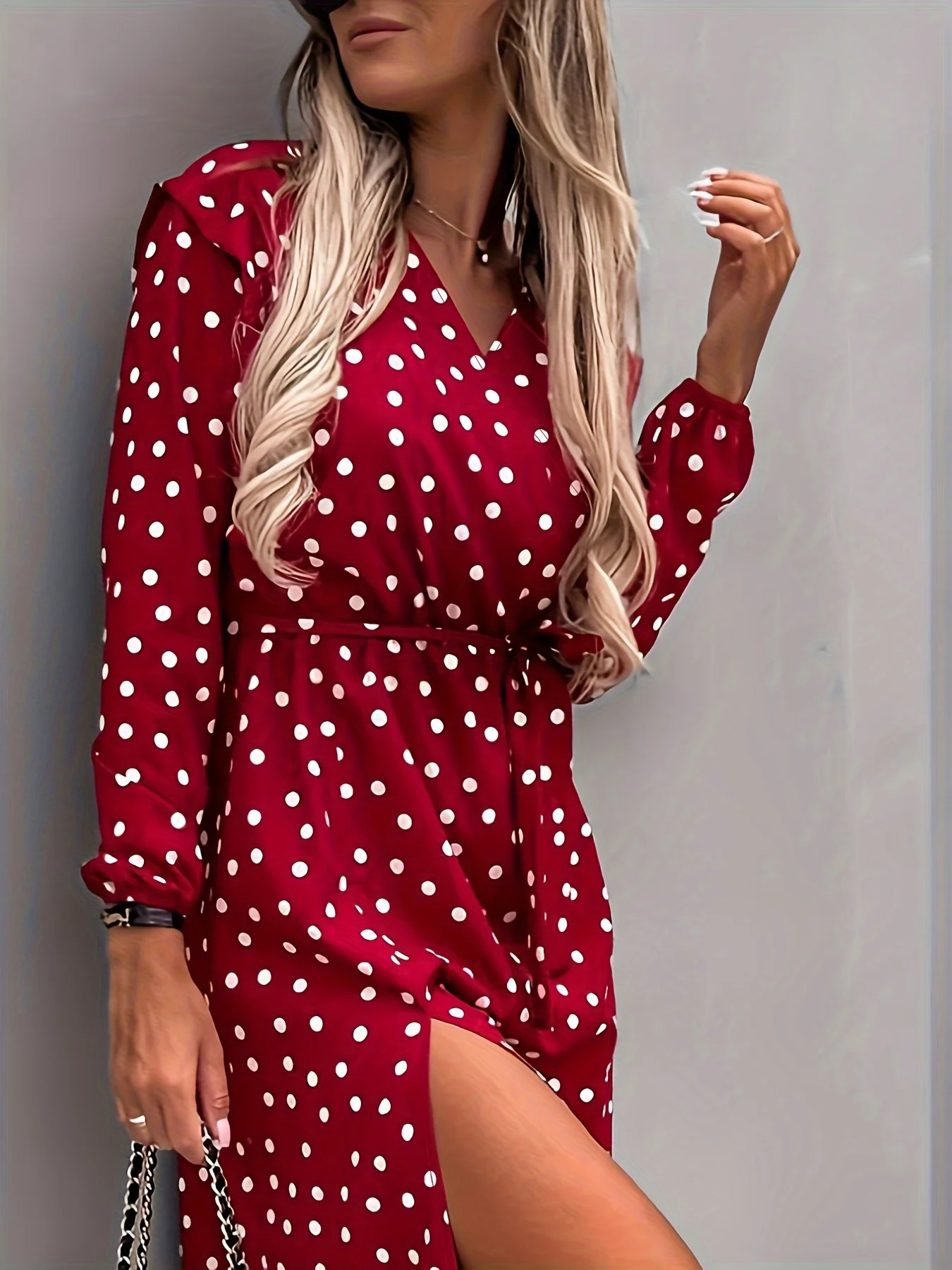 Red Printed Wrap Dress With Slit Detail - Image 3
