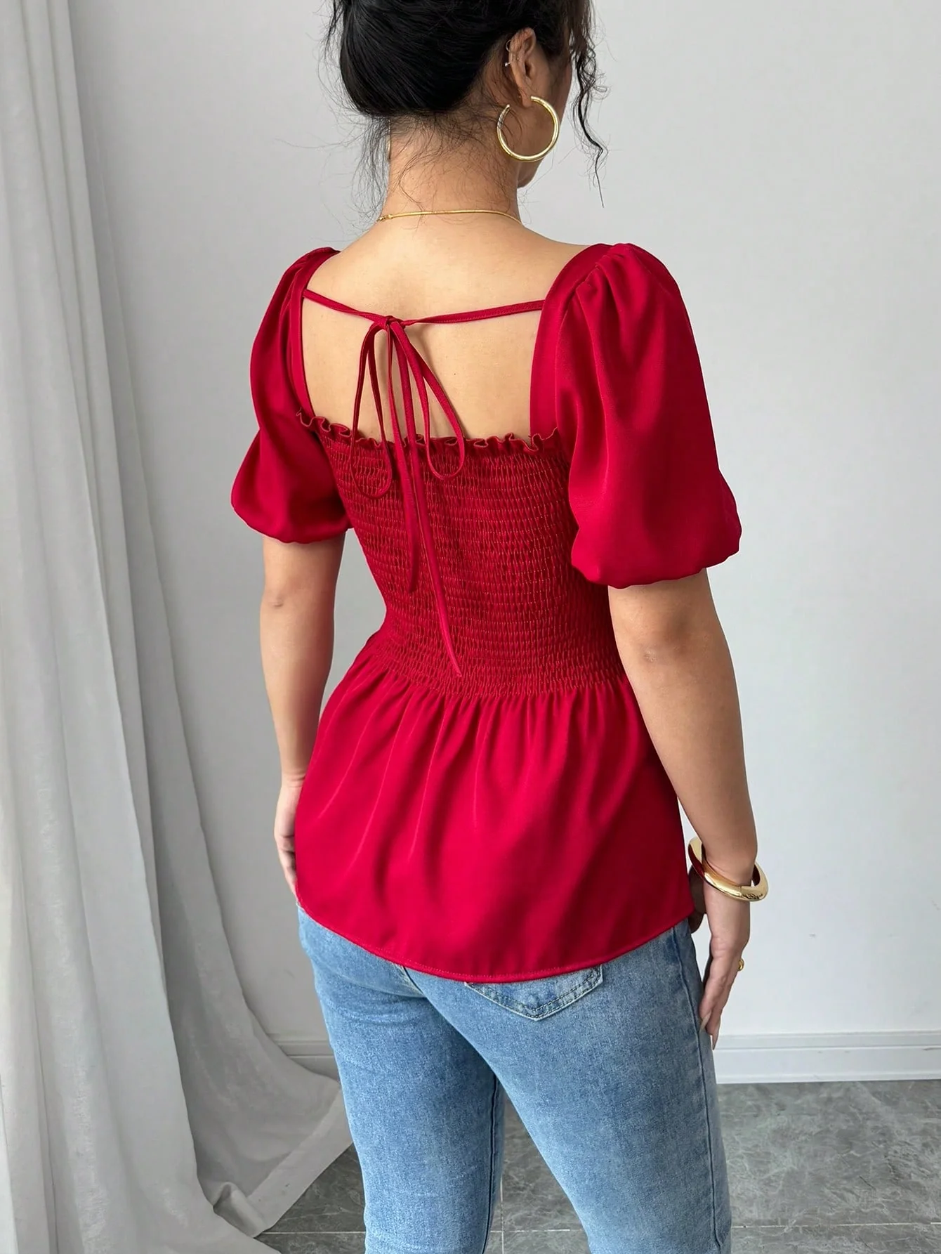 Red Puff Sleeve Square Neck Slit Top - Image 2