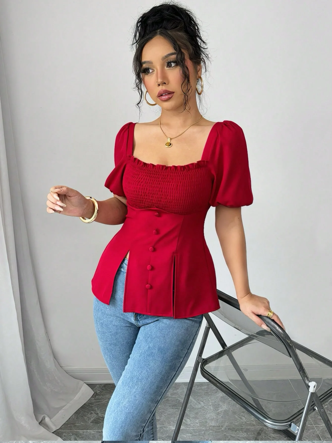 Red Puff Sleeve Square Neck Slit Top - Image 3