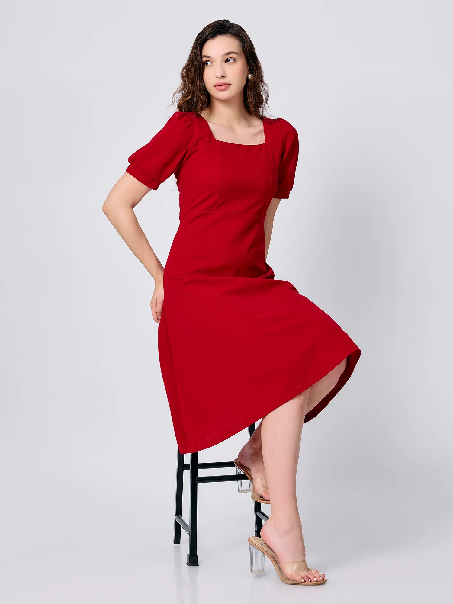 Red Puff Sleeves Fit And Flare Dress - Image 4