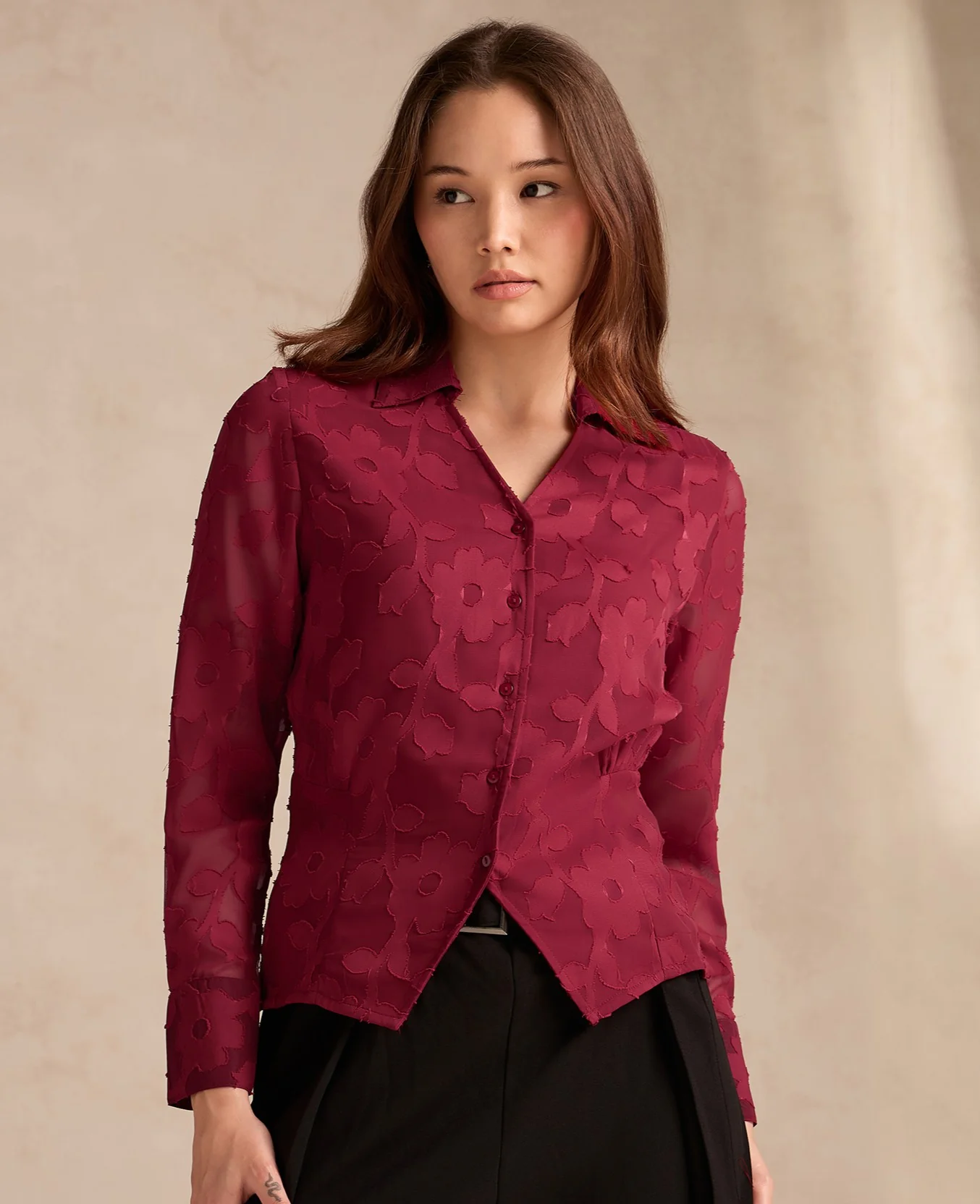 Red Regular Fit Long Sleeves Shirt In Jacquard Fabric - Image 5