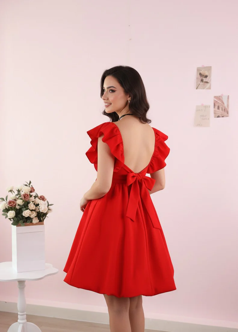 Red Ruffle Sleeve Back Tie-up Dress - Image 2