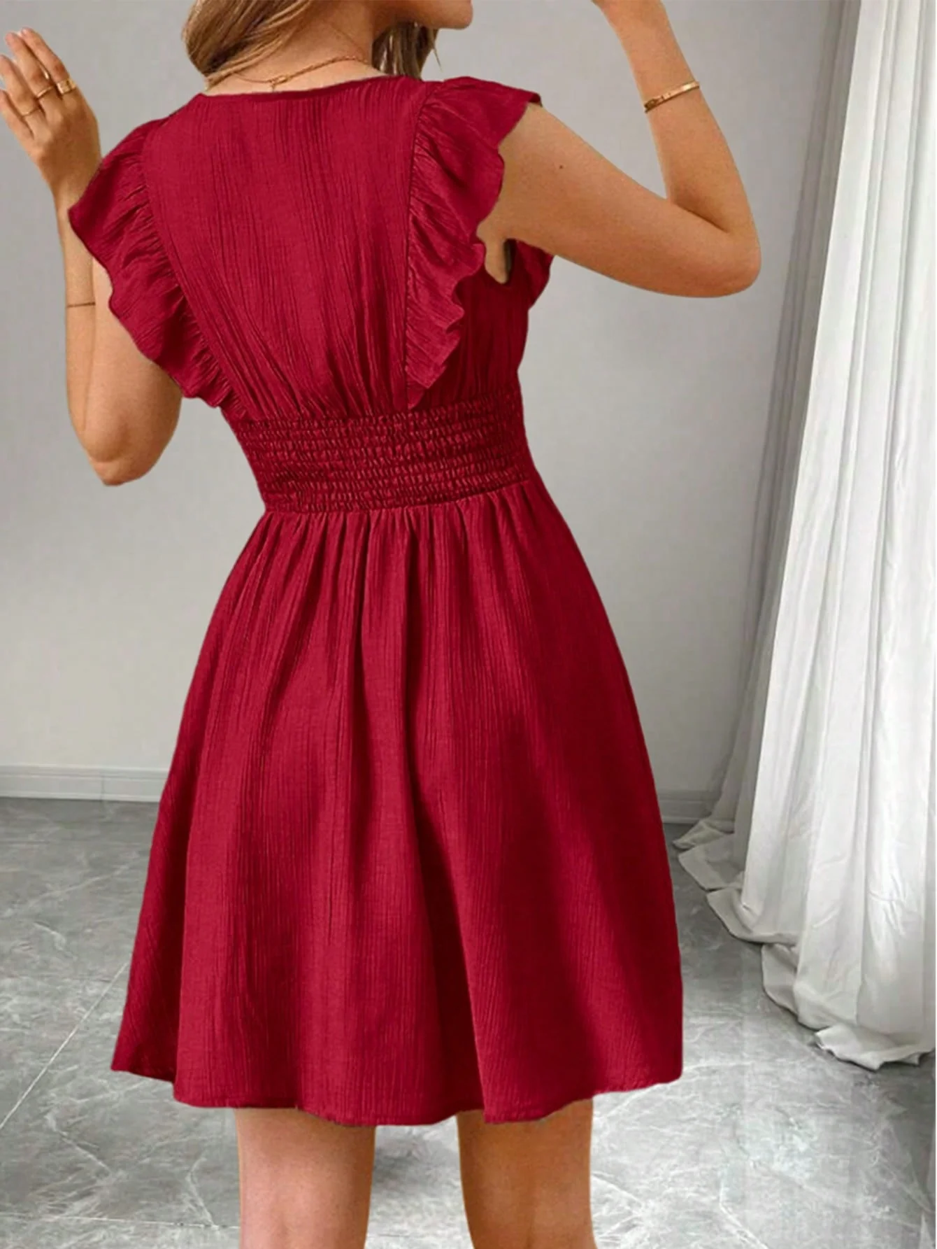 Red Ruffle Sleeve V-Neck Dress - Image 5