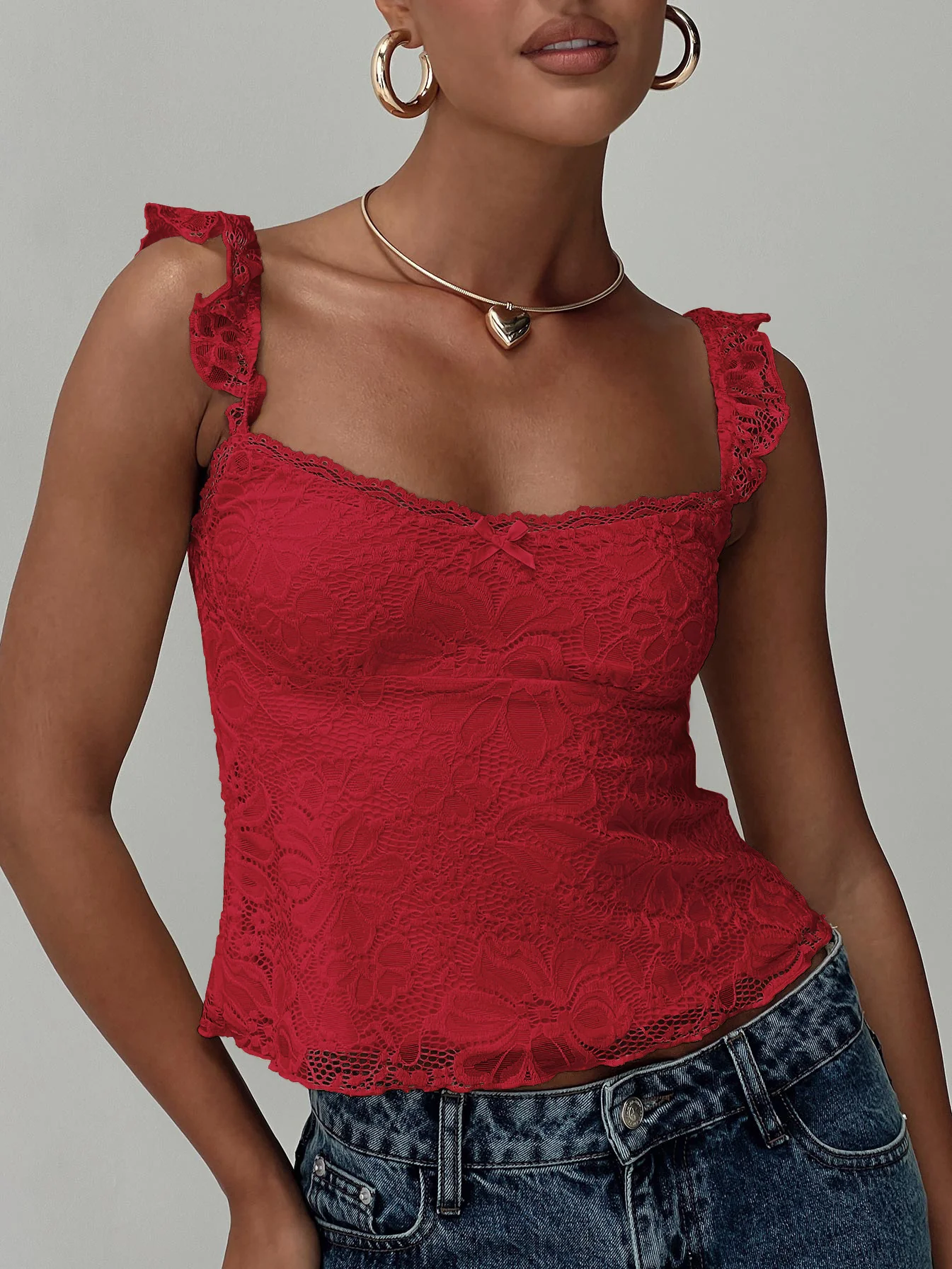Red Ruffle Strap Textured Fitted Tank - Image 3