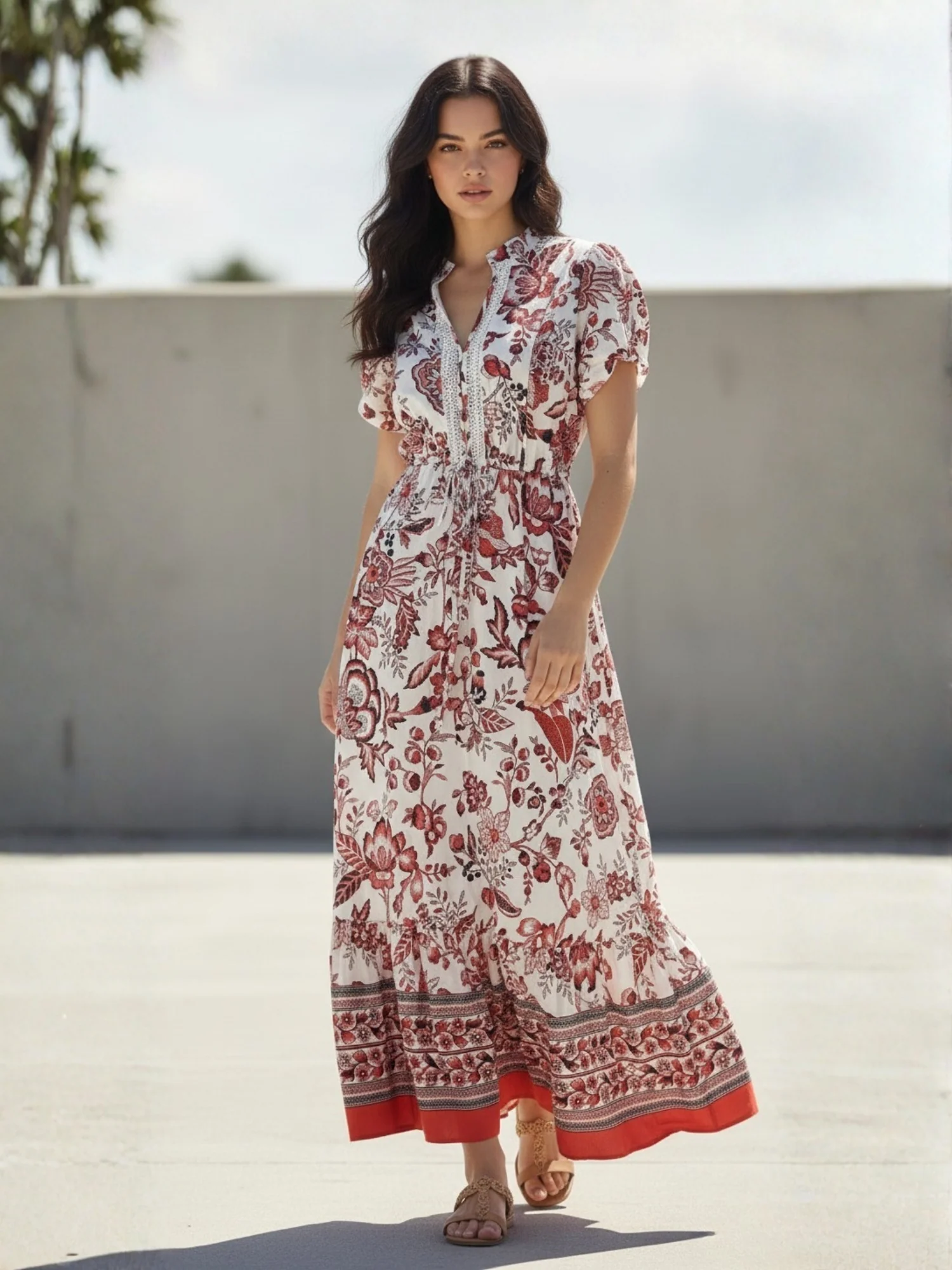 Red Short Sleeve Waist Tie-Up Printed Dress - Image 2