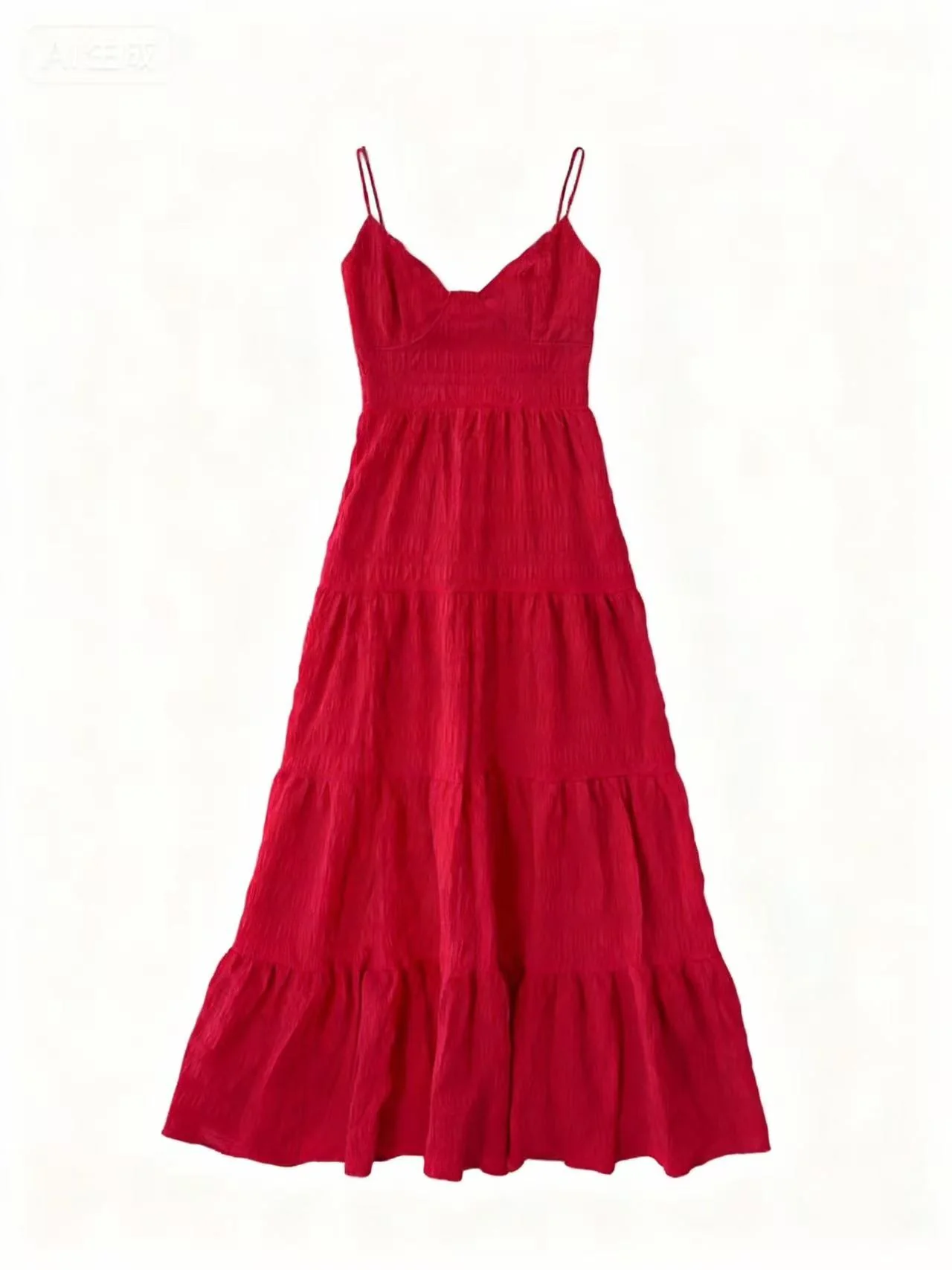 Red Shoulder Strap Back Bow Tiered Dress