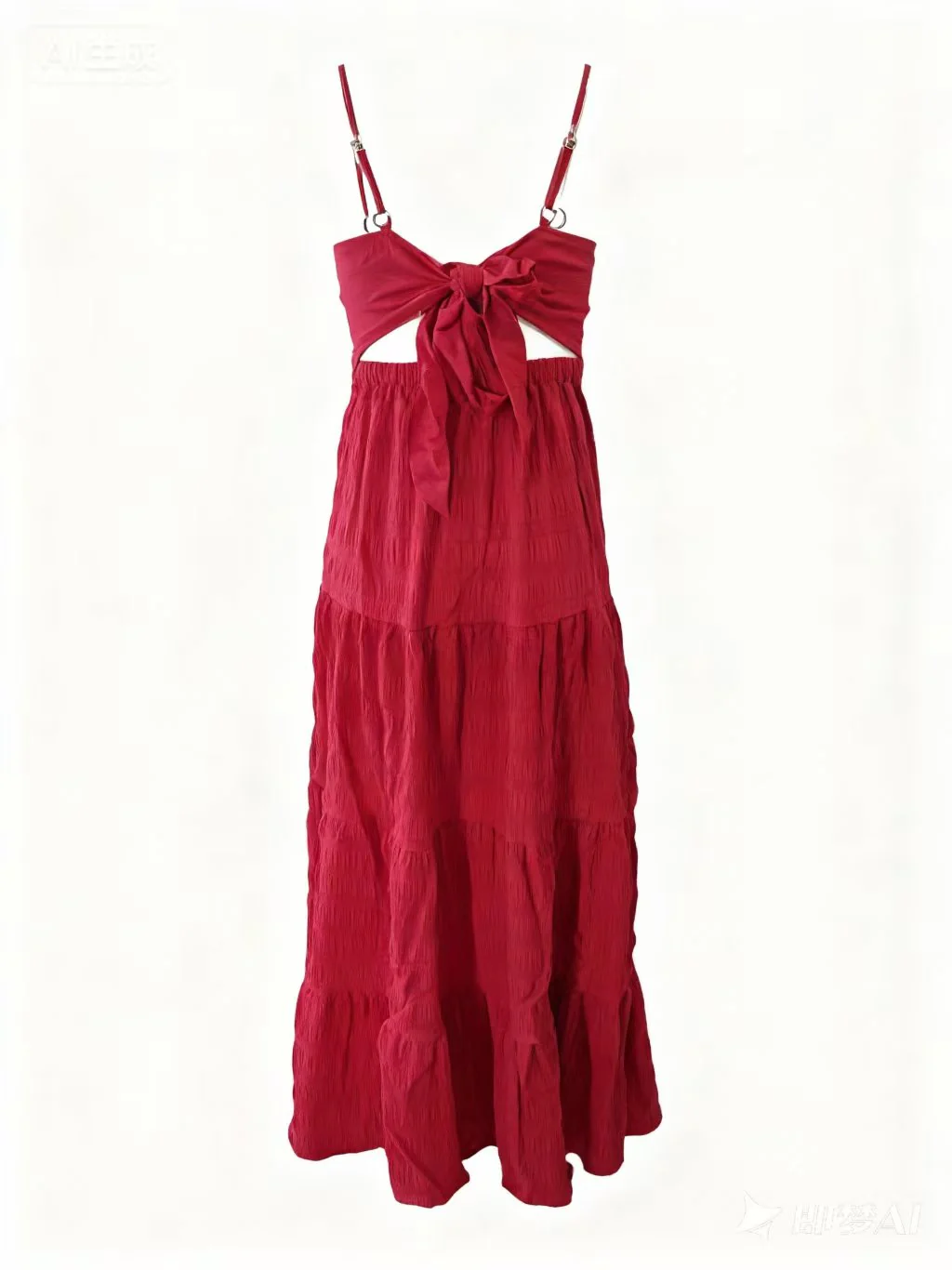 Red Shoulder Strap Back Bow Tiered Dress - Image 2