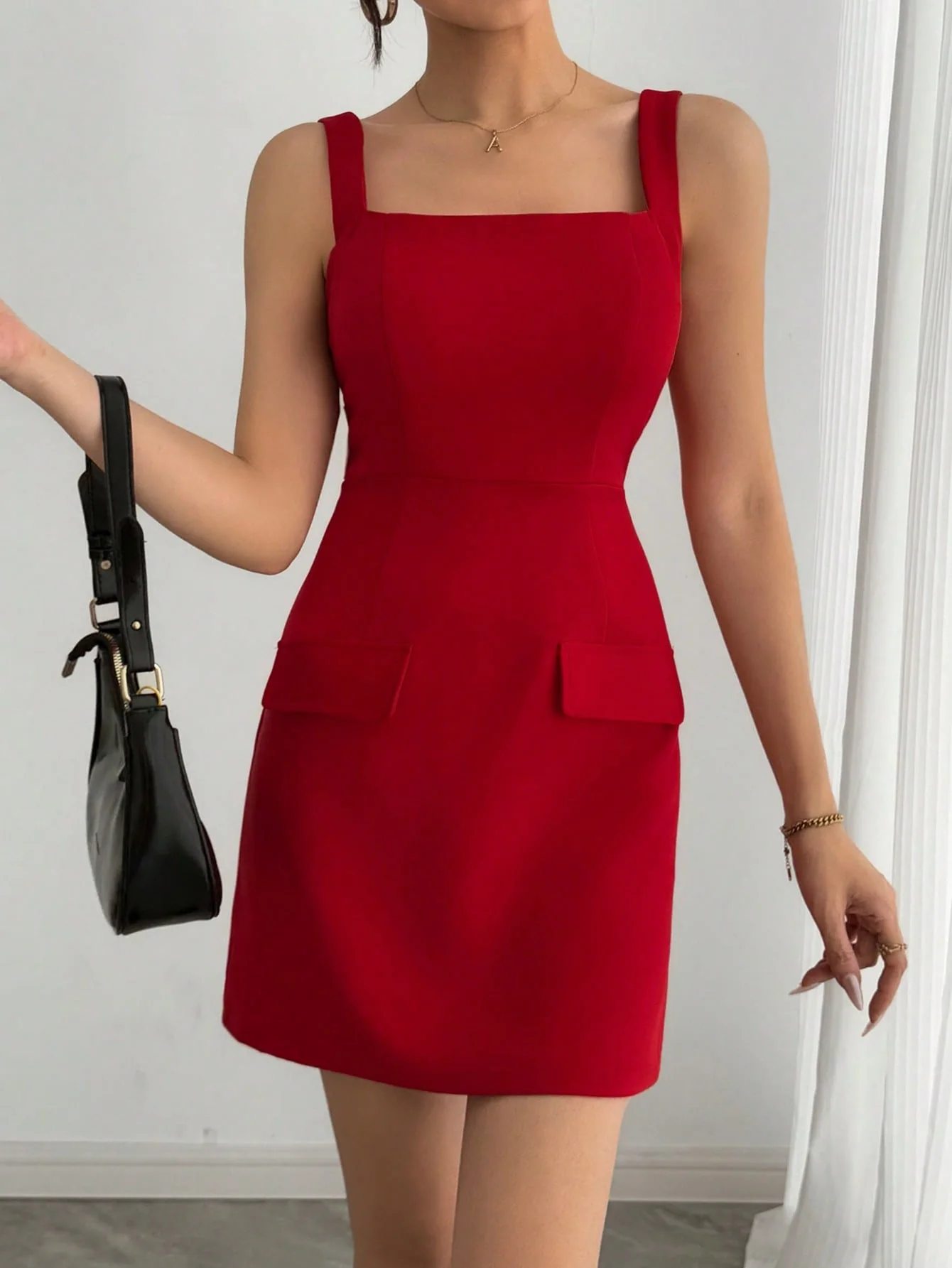 Red Shoulder Strap Double Pocket Dress - Image 5