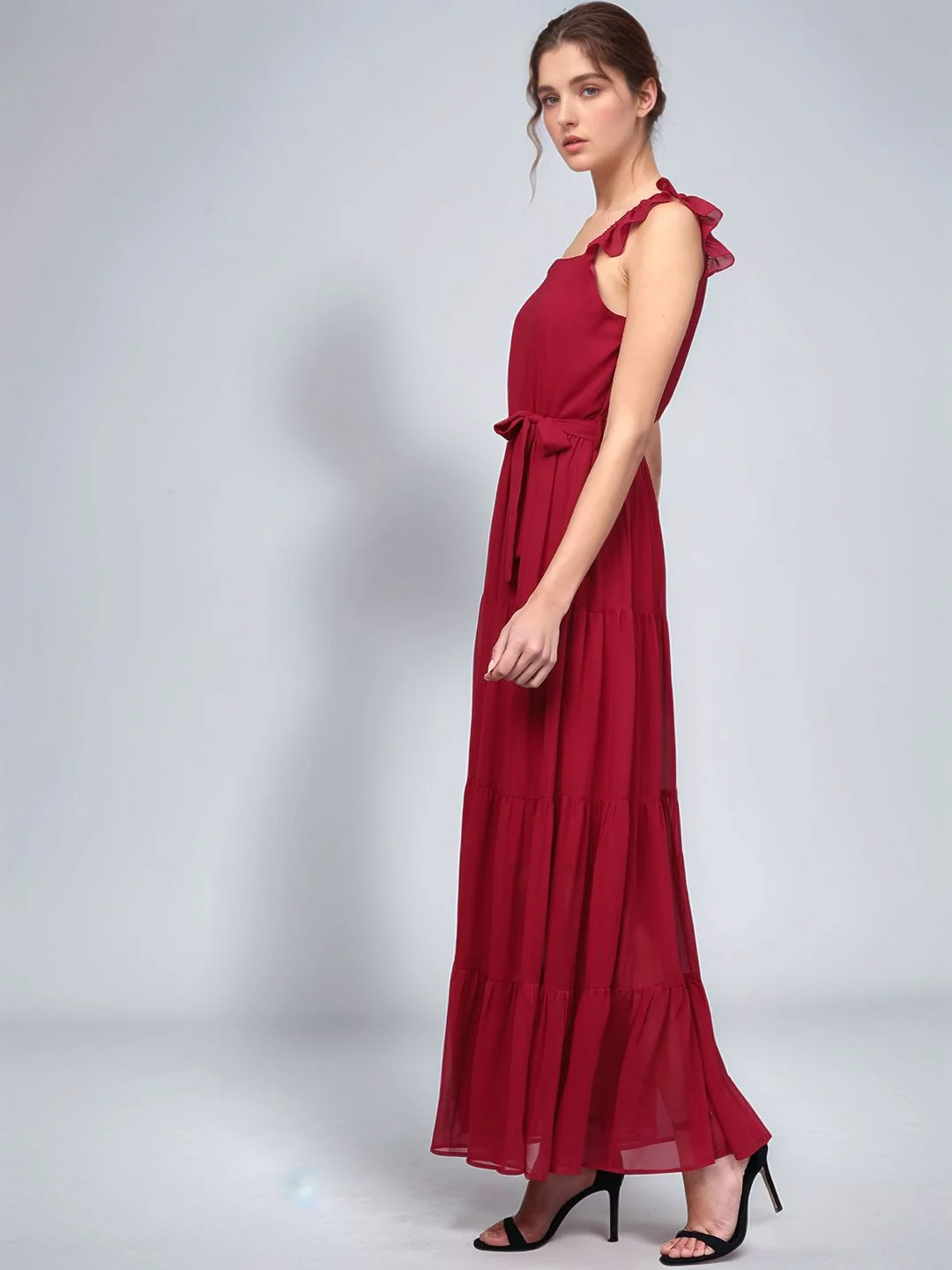 Red Shoulder Strap Waist Tie-Up Dress - Image 3