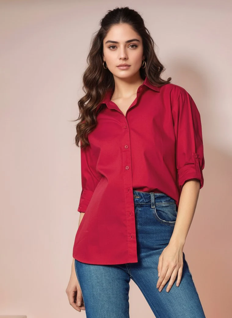 Red Solid Collared Shirt - Image 3