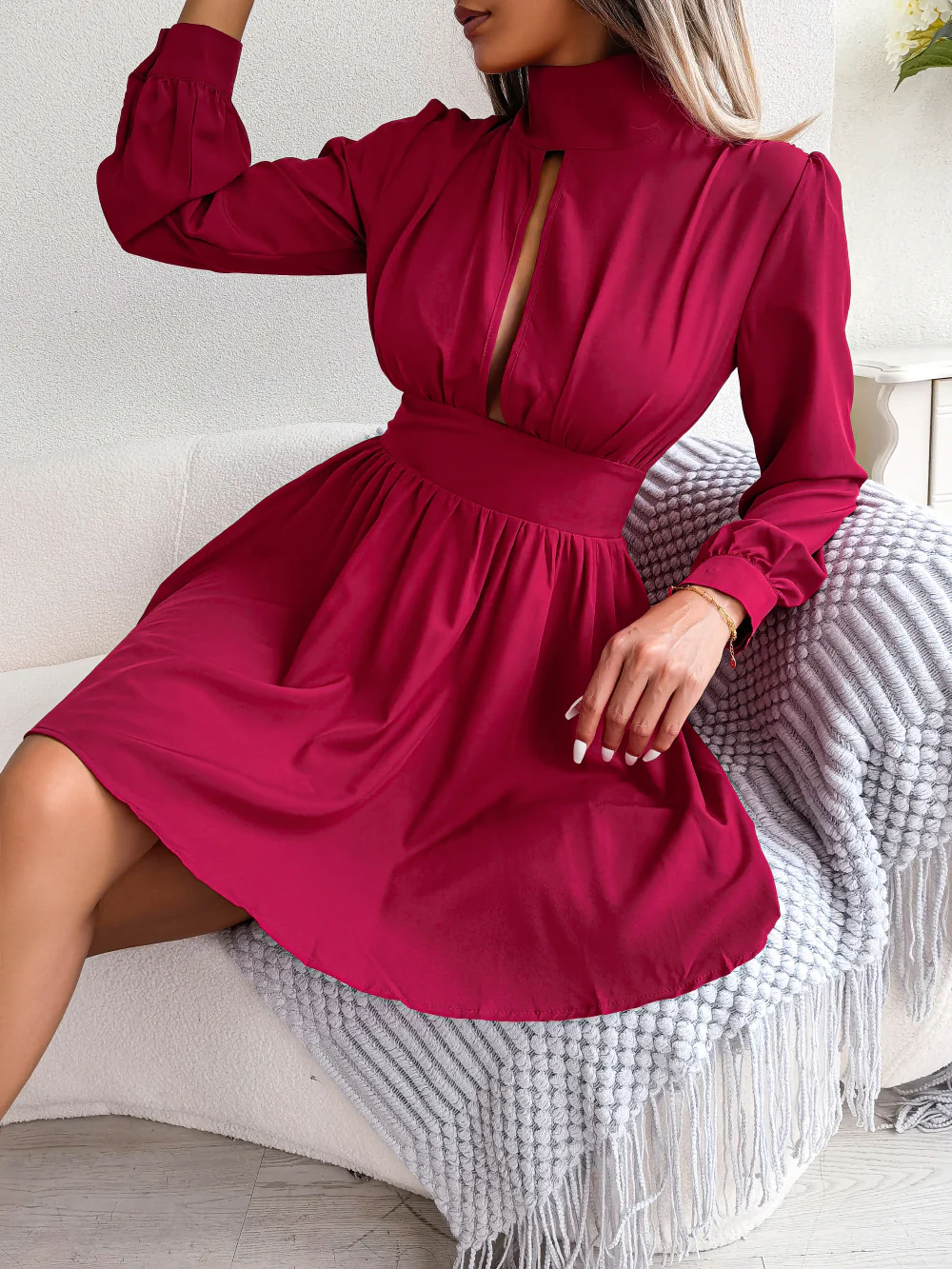 Red Solid Skater Dress - Image 3
