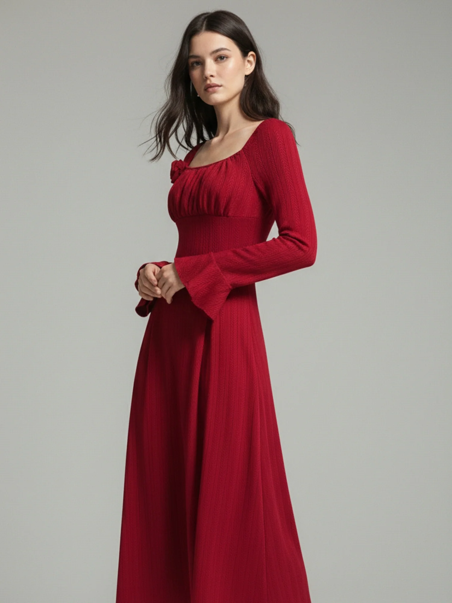 Red Square Neck Cinched Waist Dress With Floral Corsage - Image 3