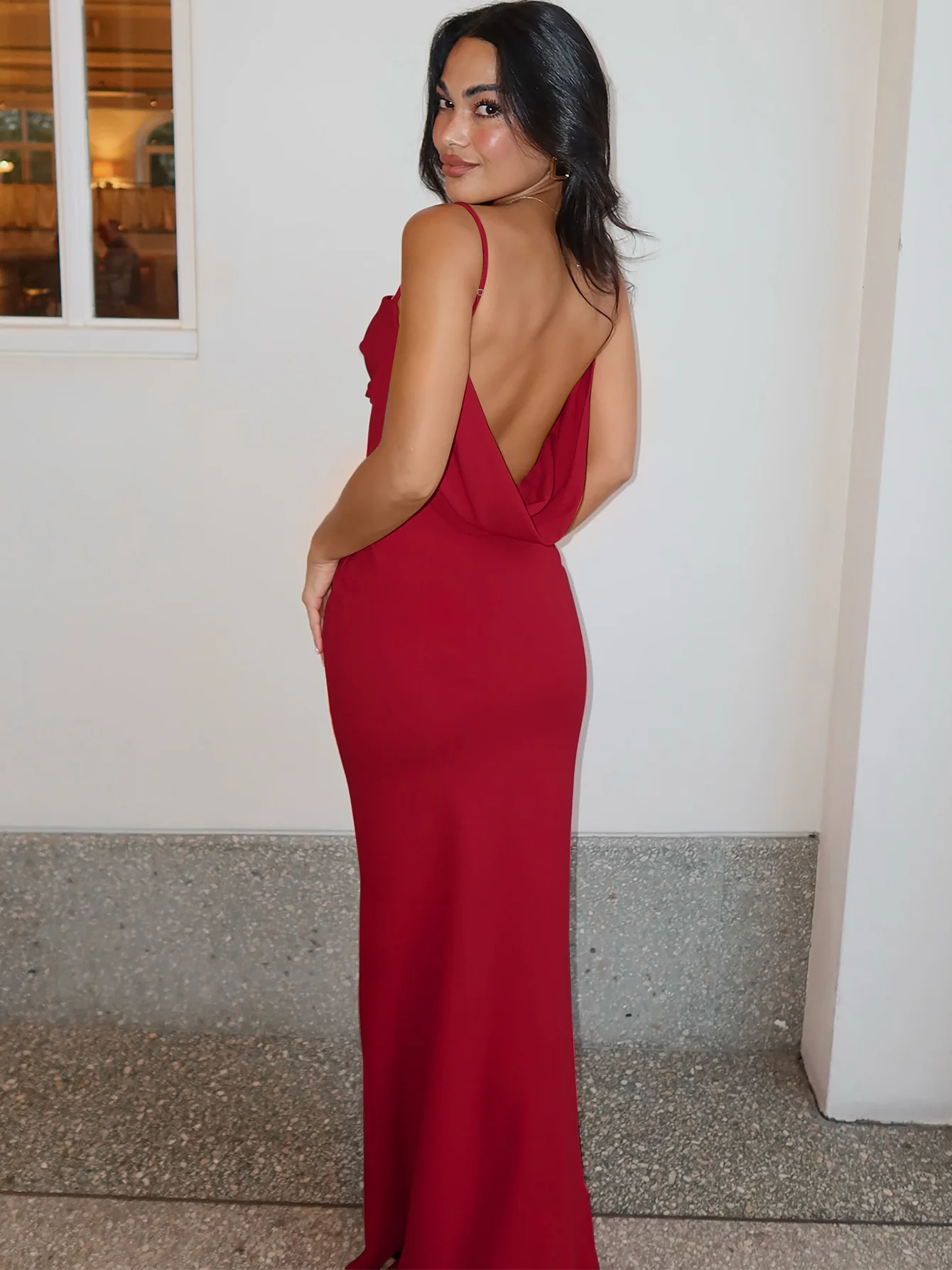 Red Square Neck Dress With Back Cowl - Image 3