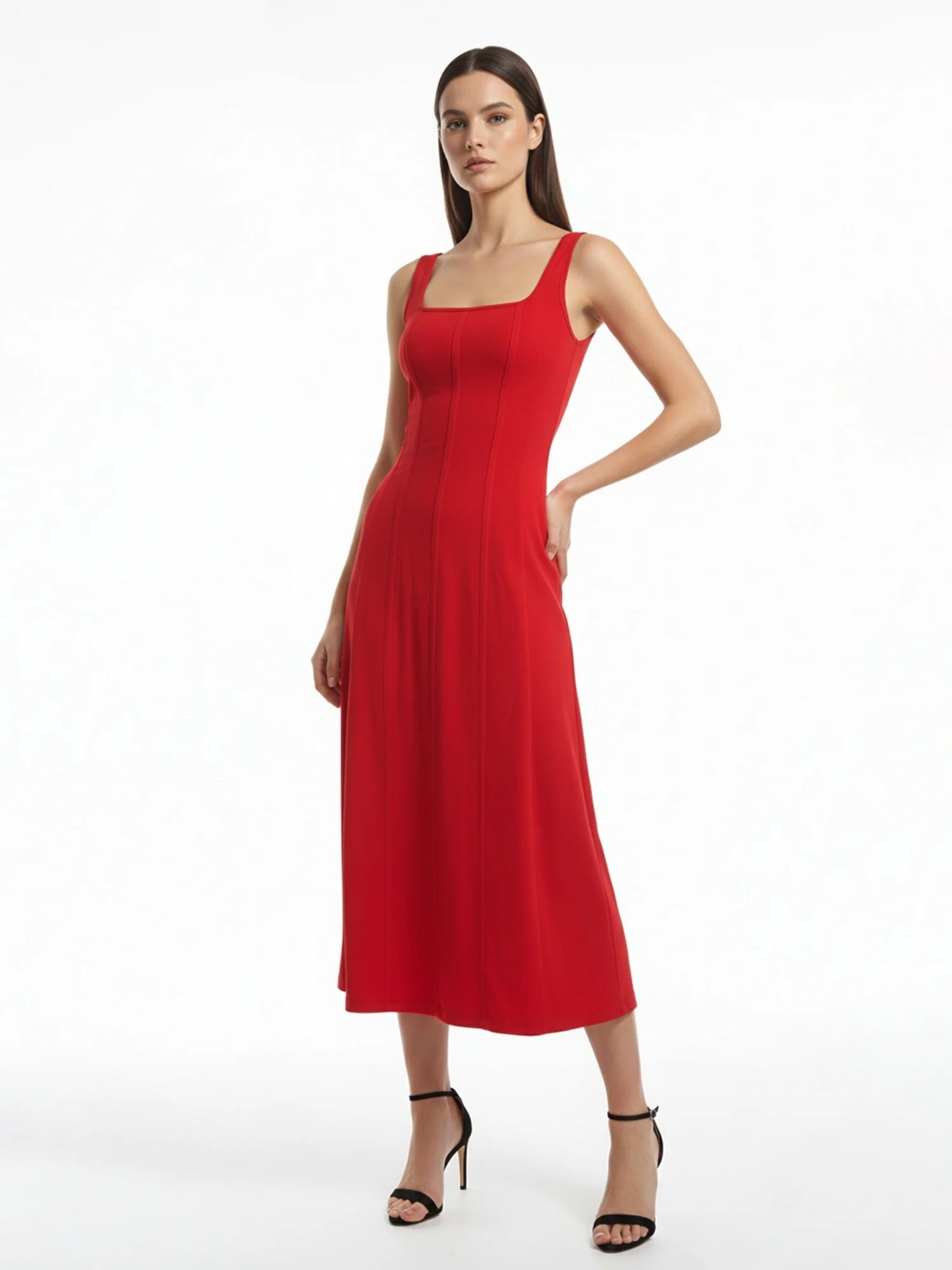 Red Square Neck Solid Flared Dress - Image 2