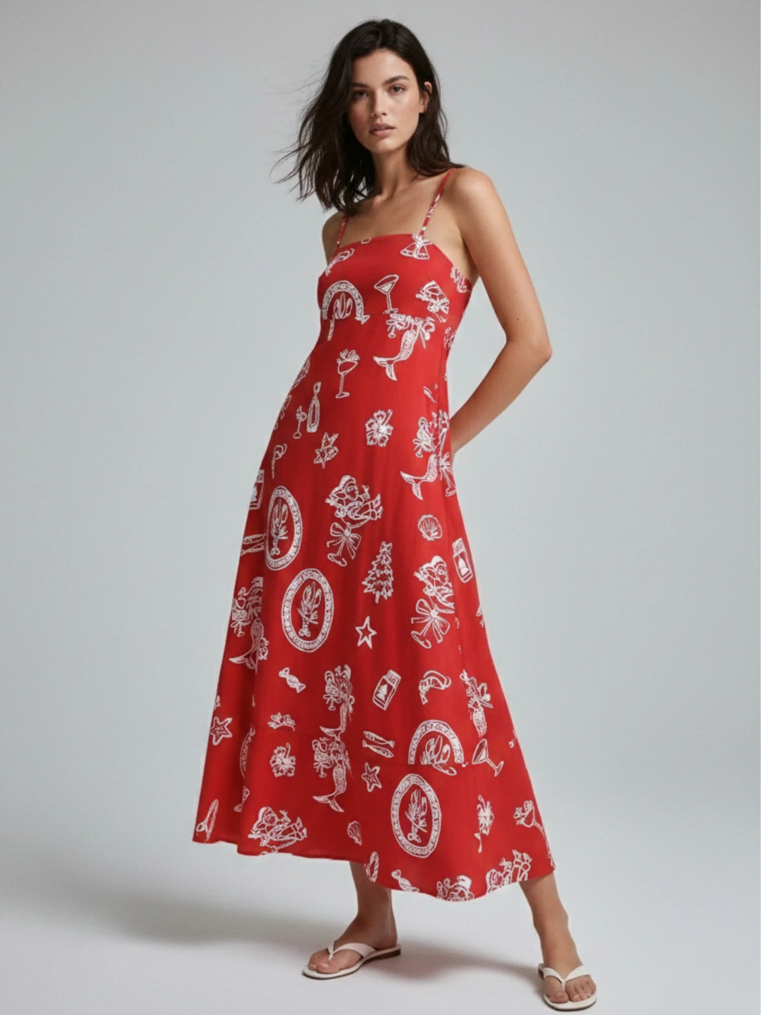 Red Strappy Abstract Printed Vacation Dress