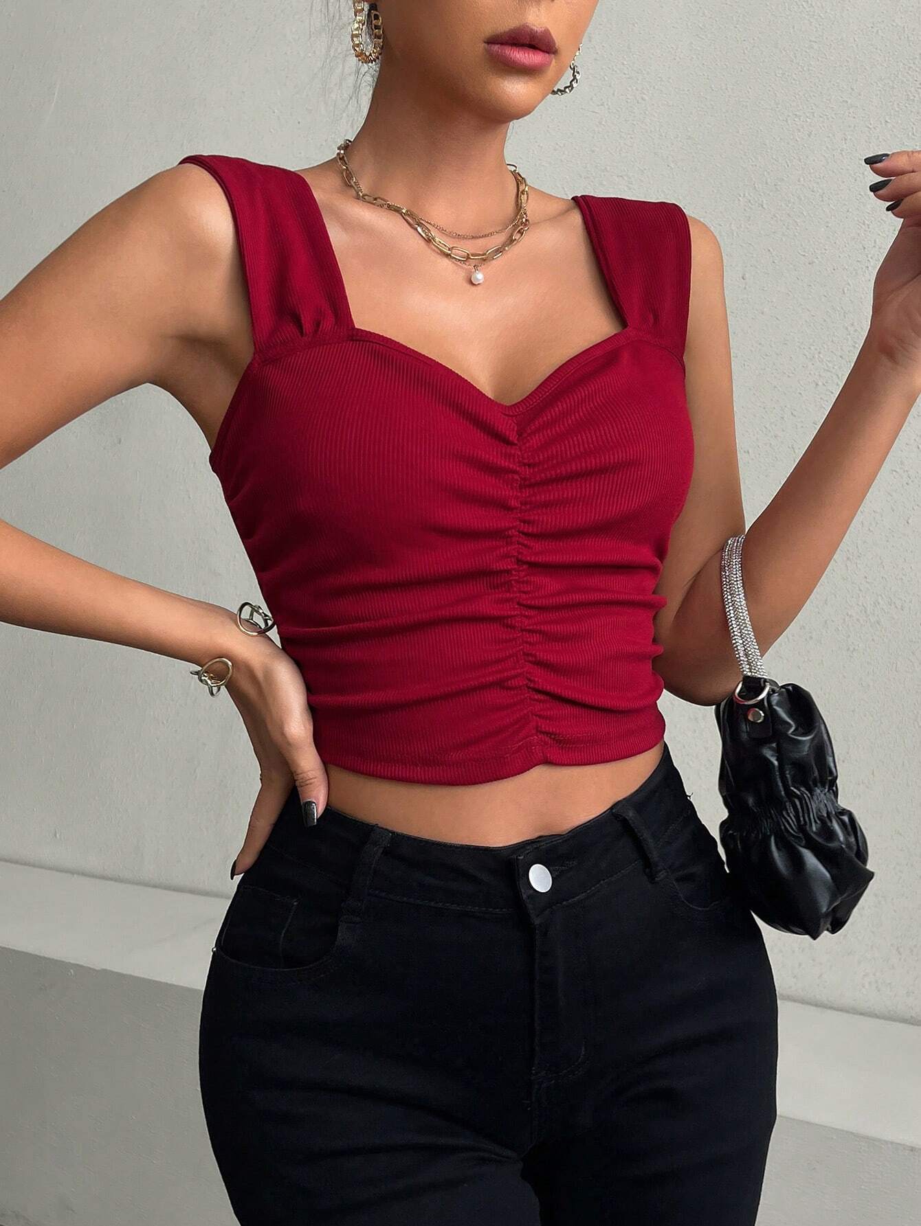 Red Sweetheart Neckline Ruched Top - Image 4