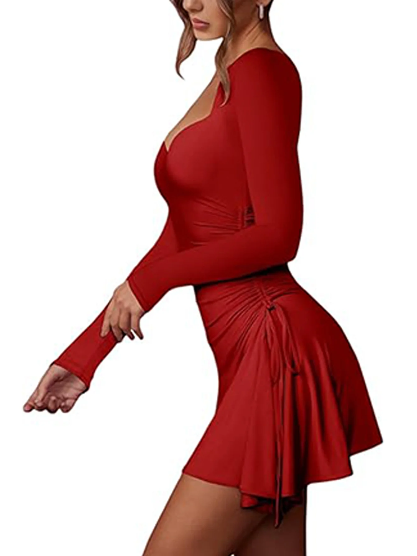 Red Sweetheart Neckline Side Ruched Mini Fitted Dress - Image 3