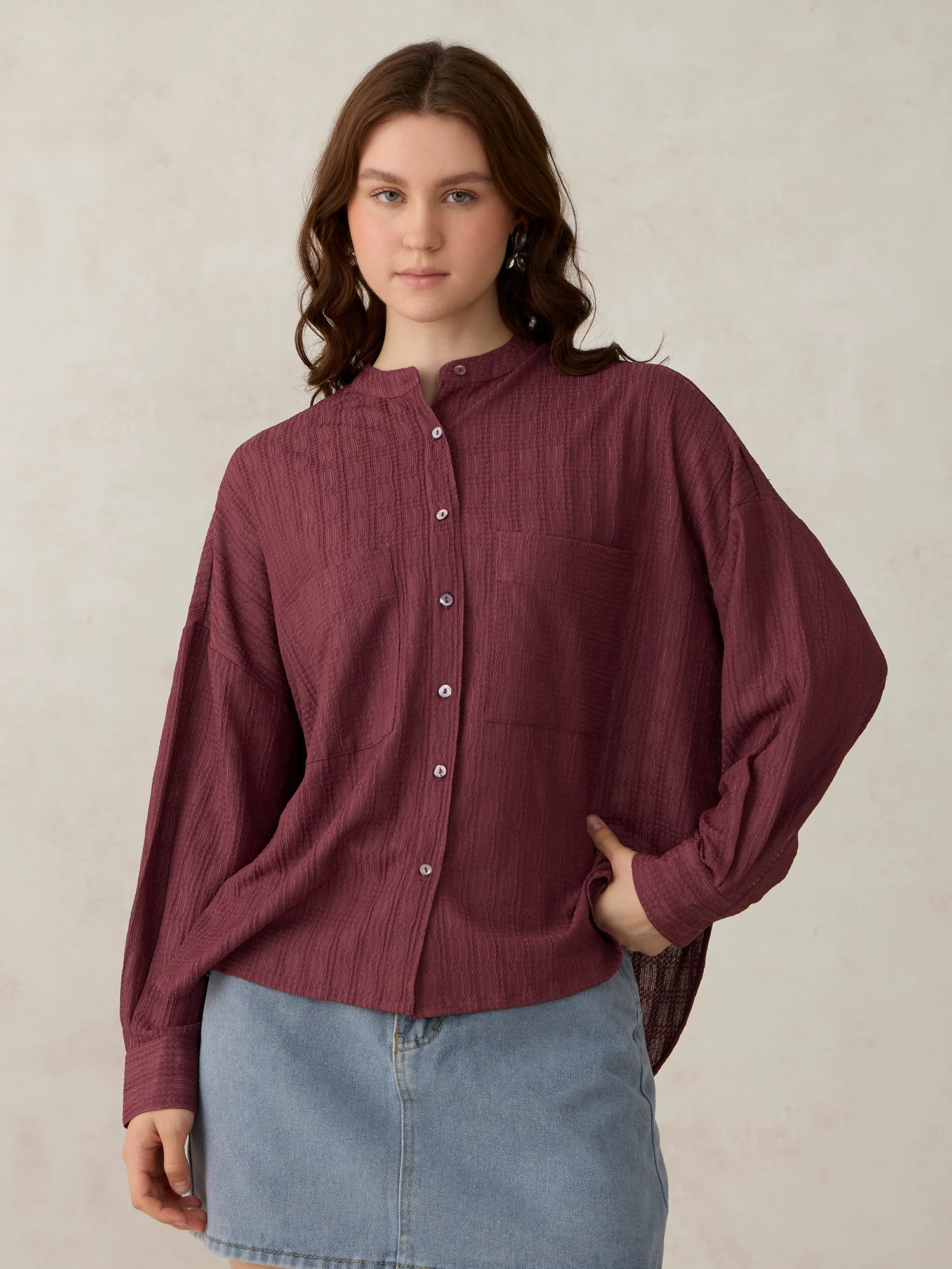 Dark Pink Textured Solid Shirt
