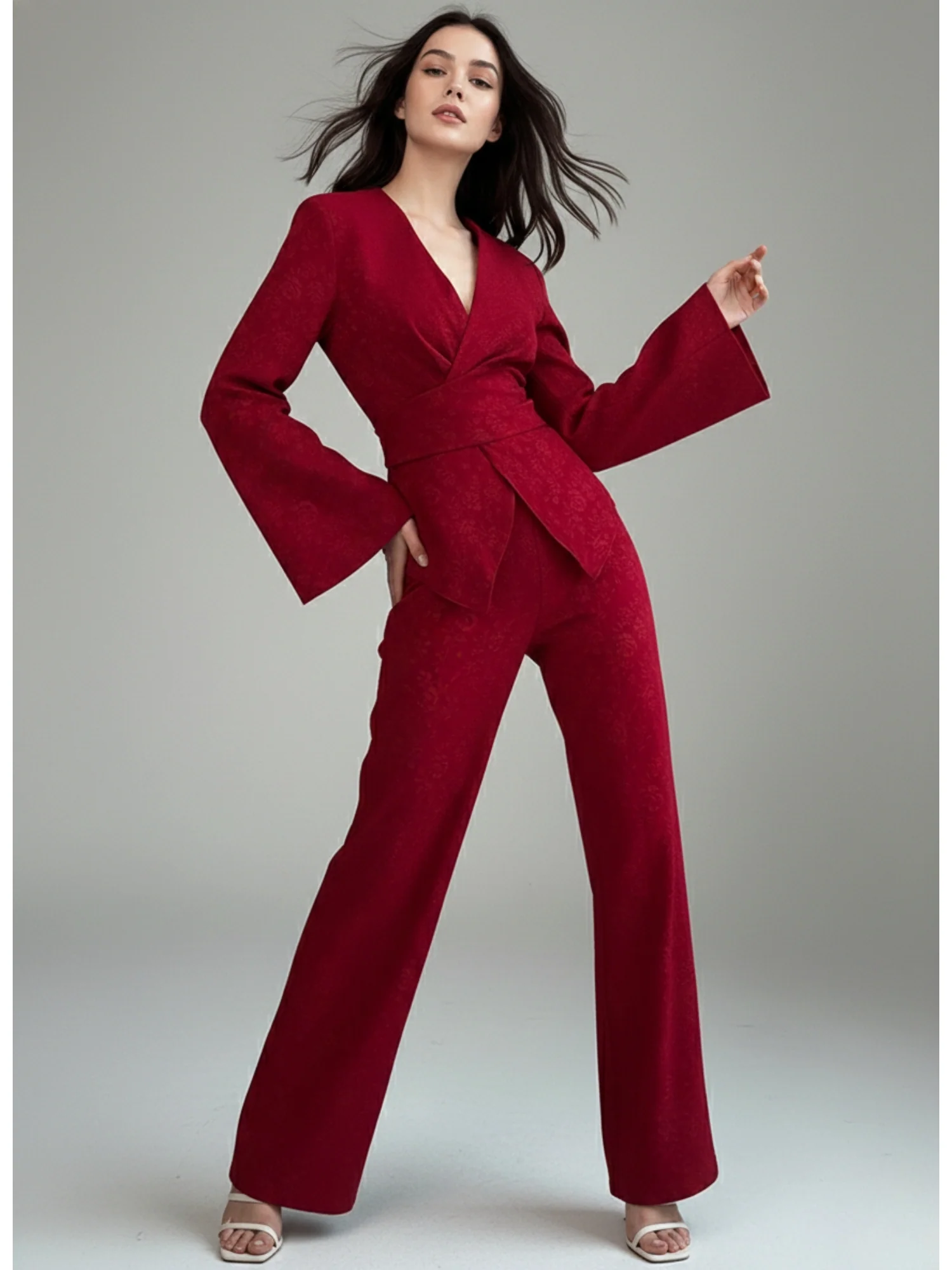 Red Textured Wrap Top And Pants Co-Ord Set - Image 2