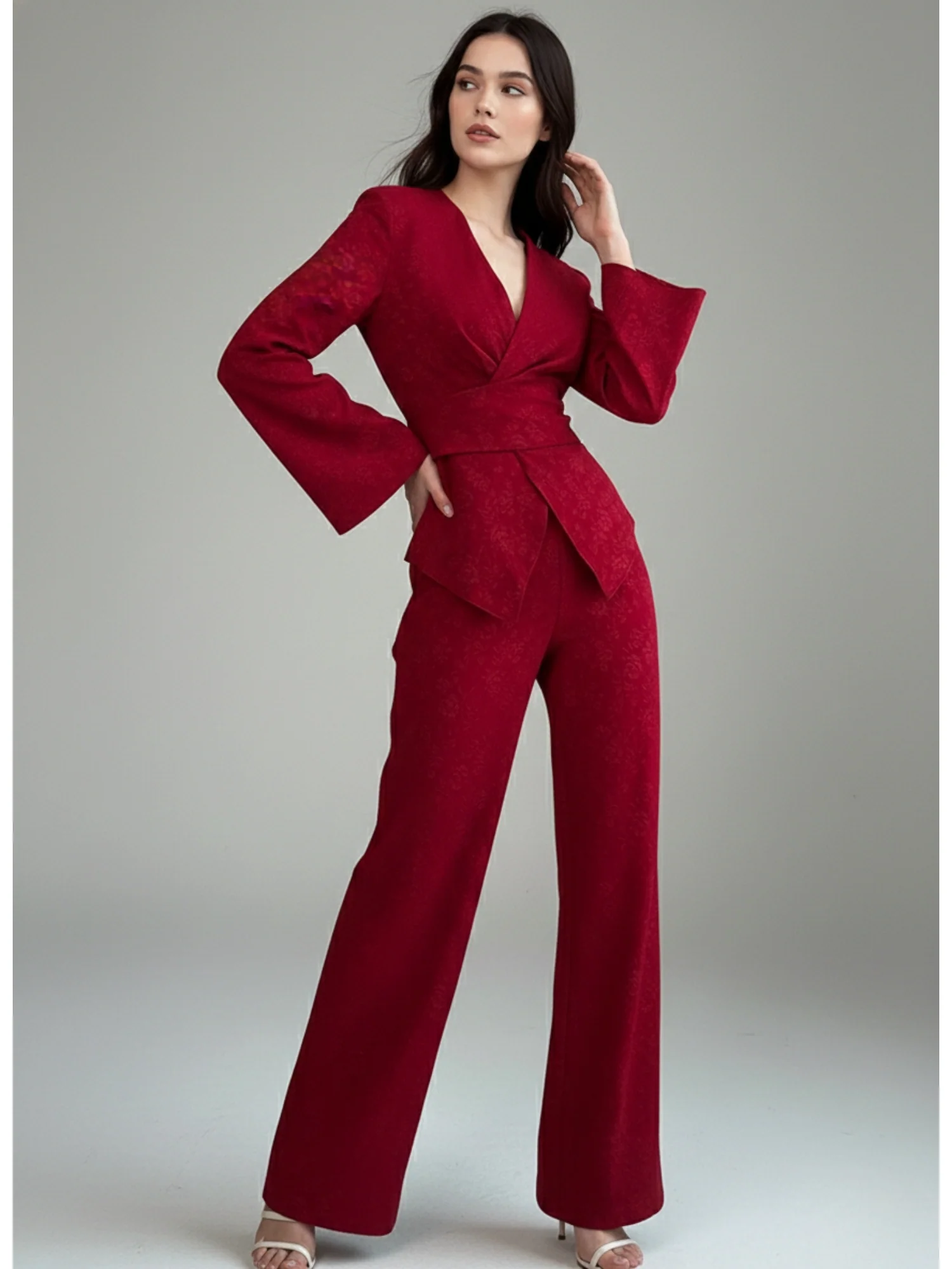 Red Textured Wrap Top And Pants Co-Ord Set - Image 3