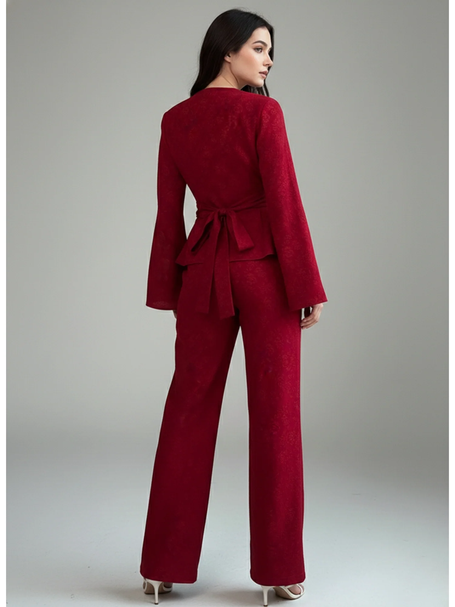 Red Textured Wrap Top And Pants Co-Ord Set - Image 4