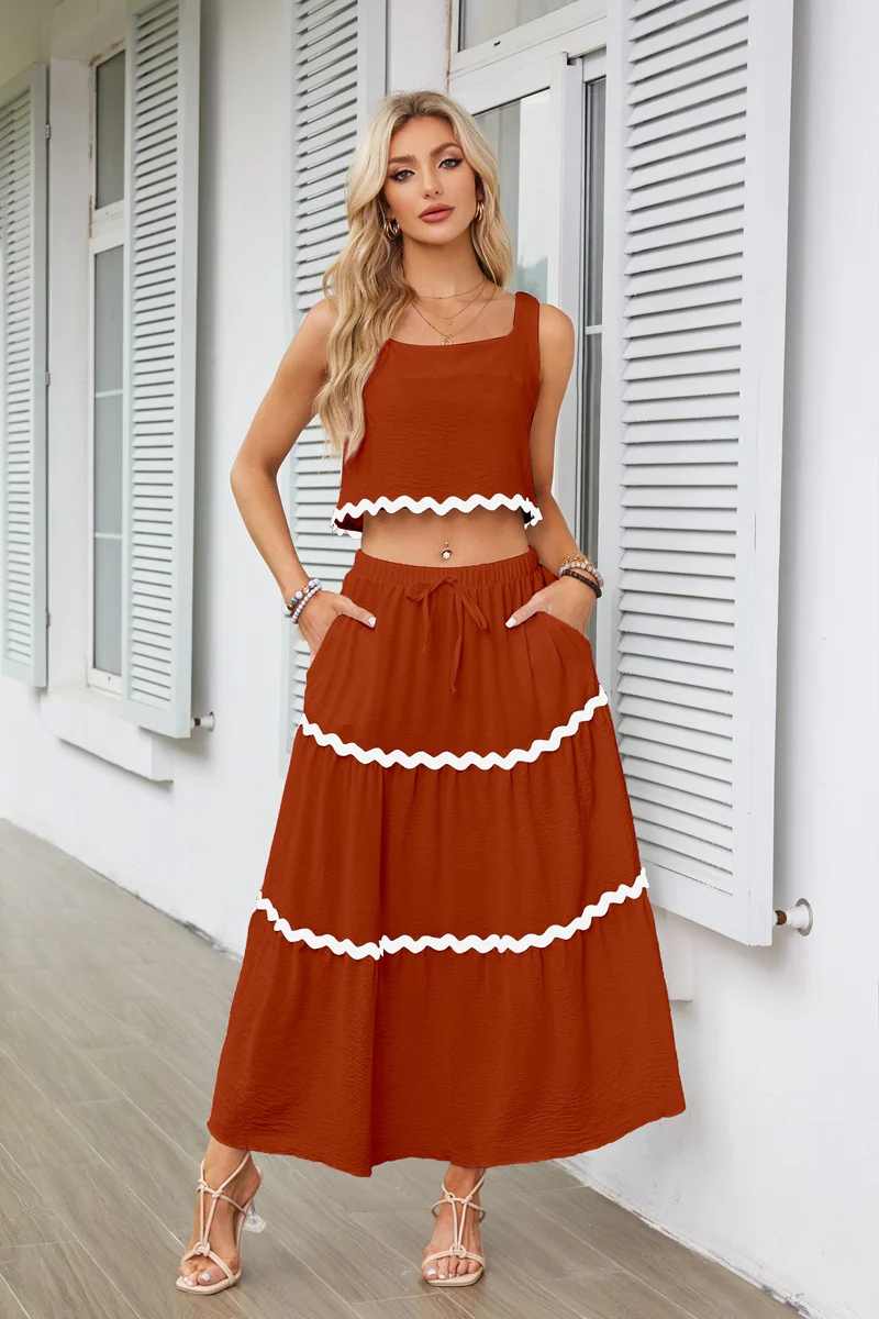 Rust Contrast Tipping Top And Skirt Co-Ord Set