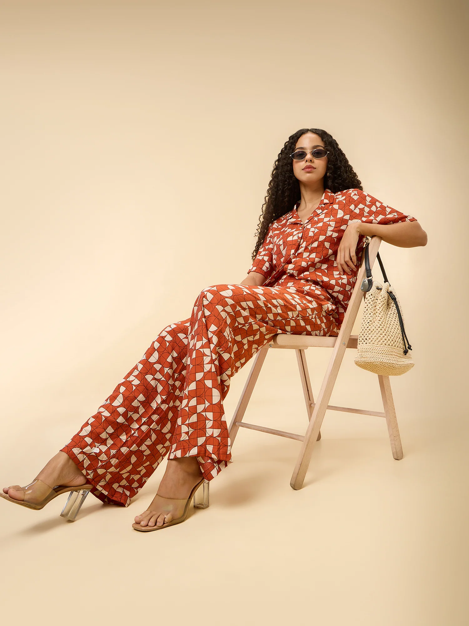 Rust Abstract Print Top And Pants Co Ord Set - Image 4