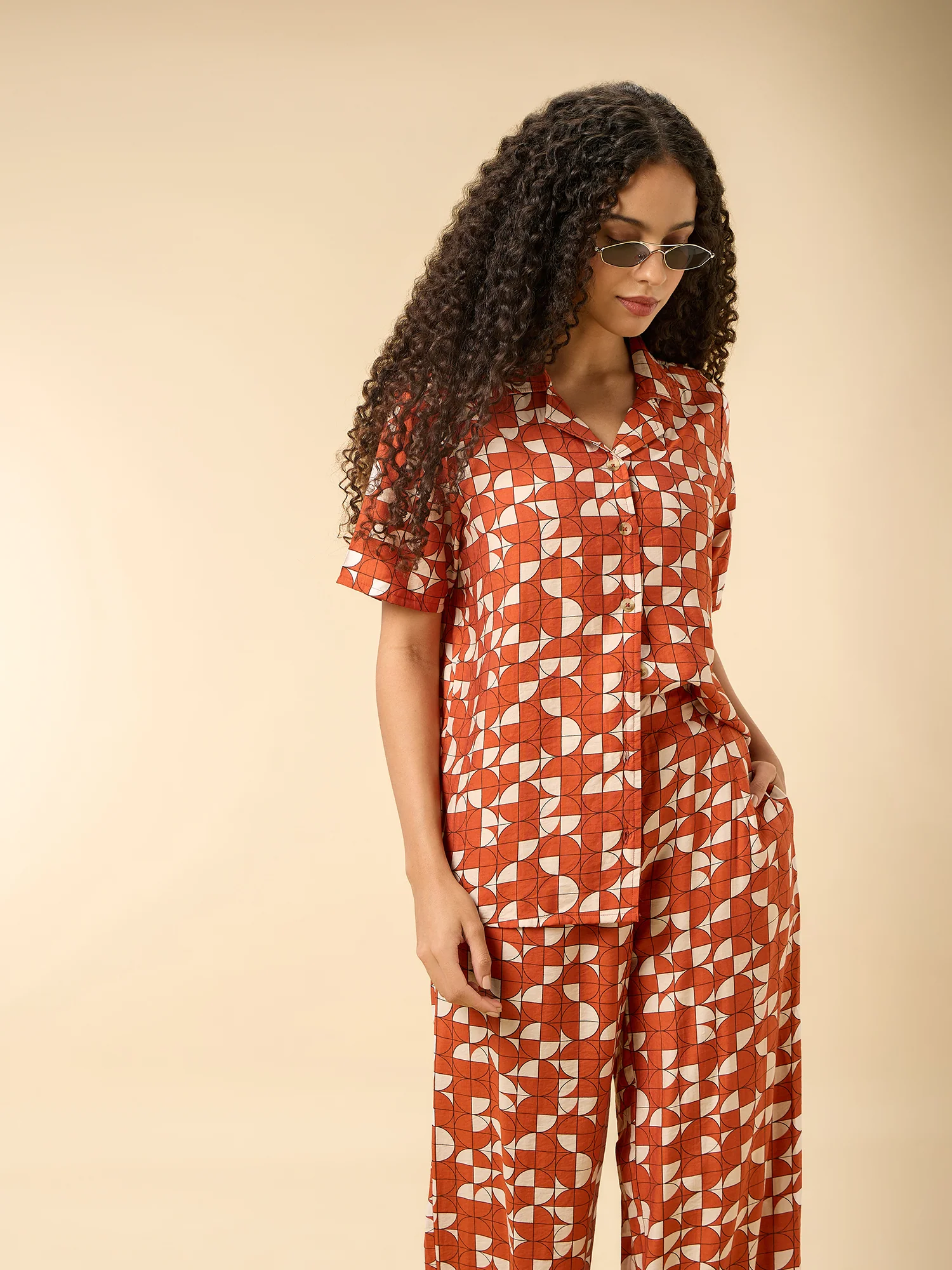 Rust Abstract Print Top And Pants Co Ord Set - Image 5
