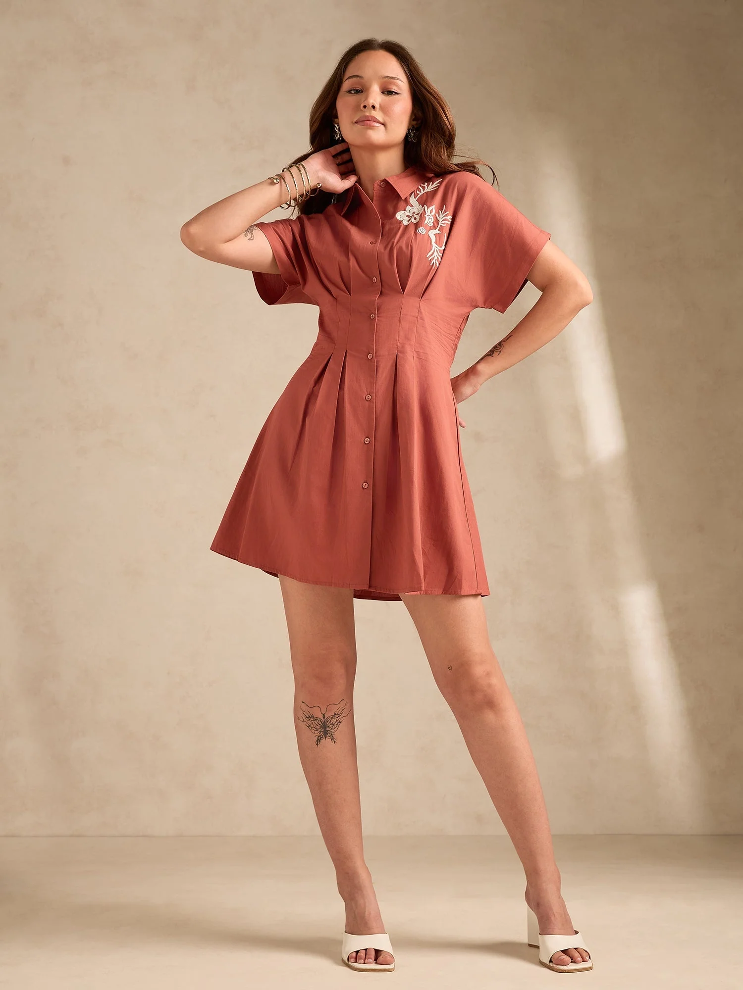 Rust Dolman Fit Printed Shirt Dress With Belt Detail - Image 4