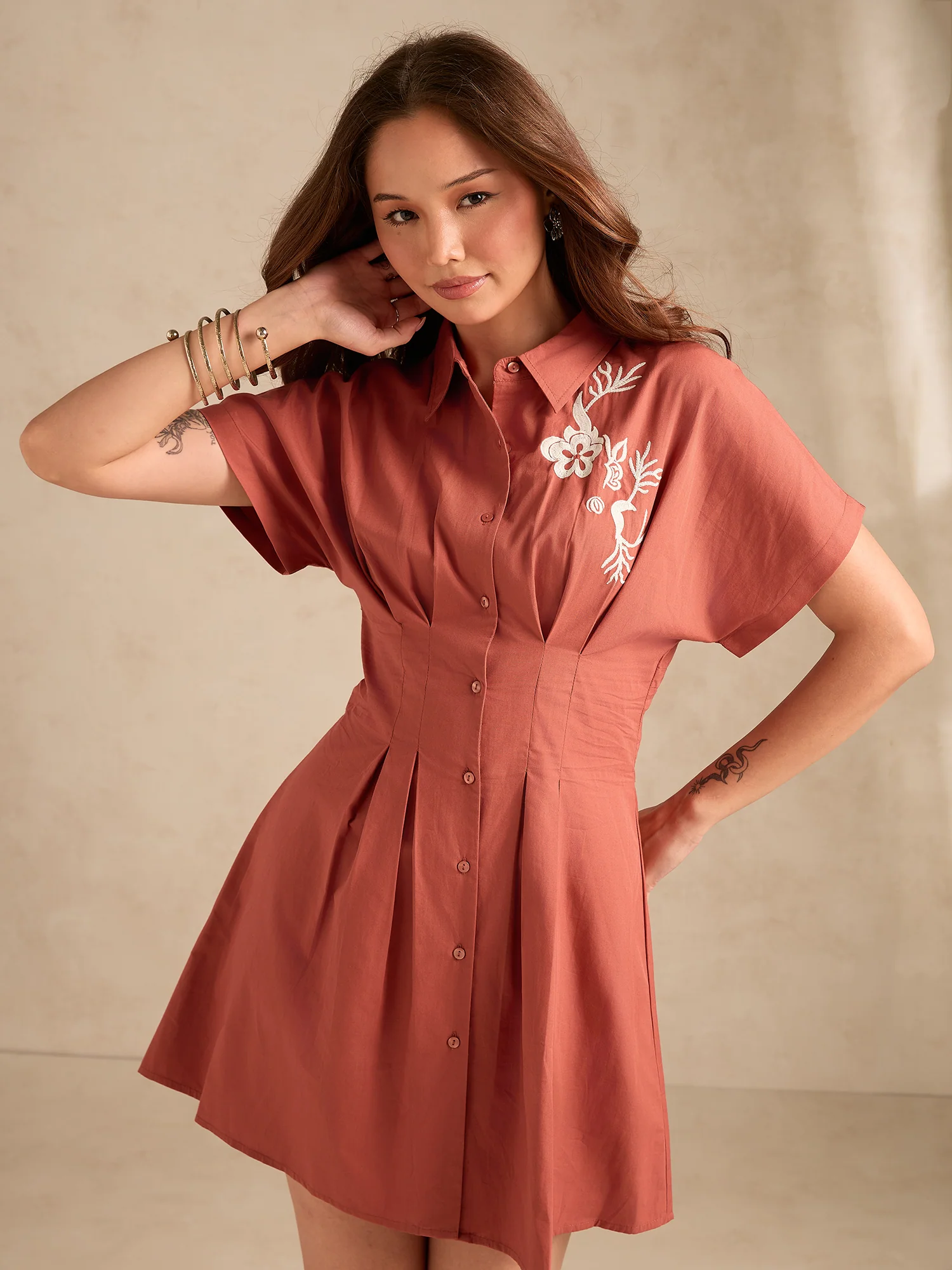 Rust Dolman Fit Printed Shirt Dress With Belt Detail - Image 7