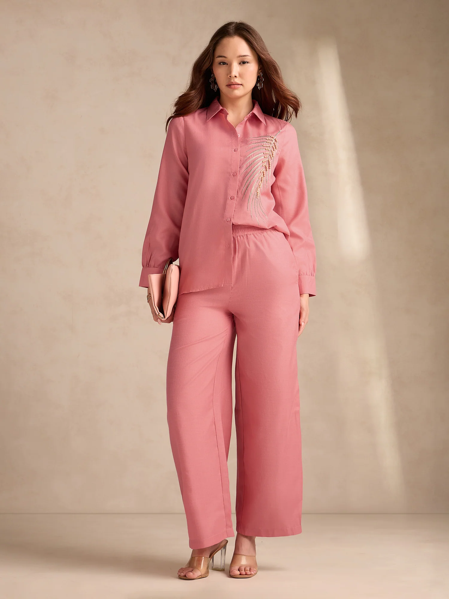 Rust Embellished Coord Set With Oversized Shirt And Wide Leg Trouser - Image 4
