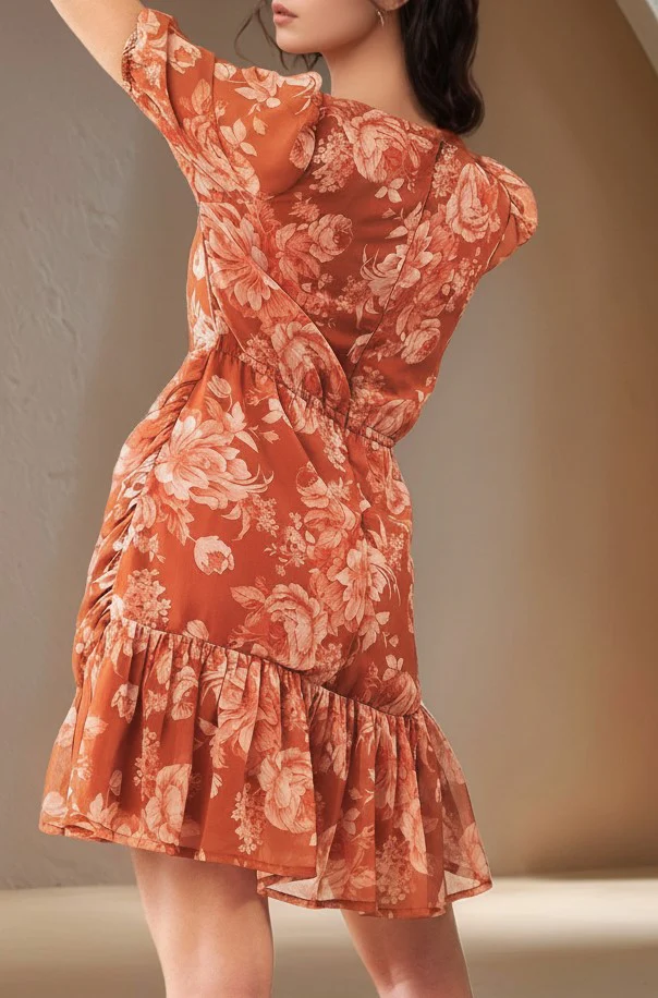 Rust Short Sleeve V Neck Ruffle Hem Dress - Image 2