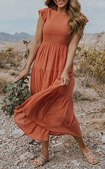 Rust Solid Flutter Sleeved And Tiered Dress - Image 3