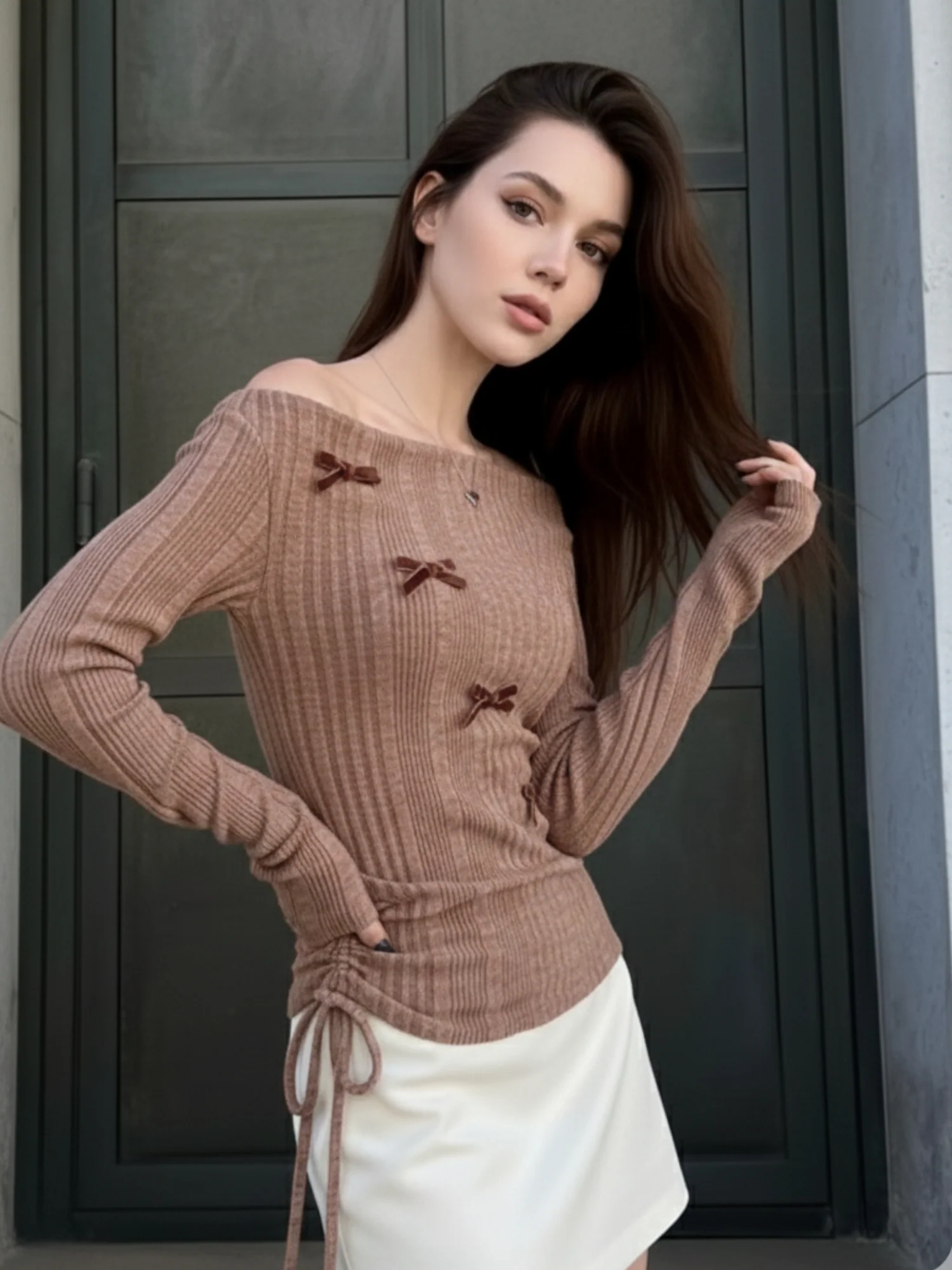 Rust Textured Full Sleeve Bow Detail Top - Image 3