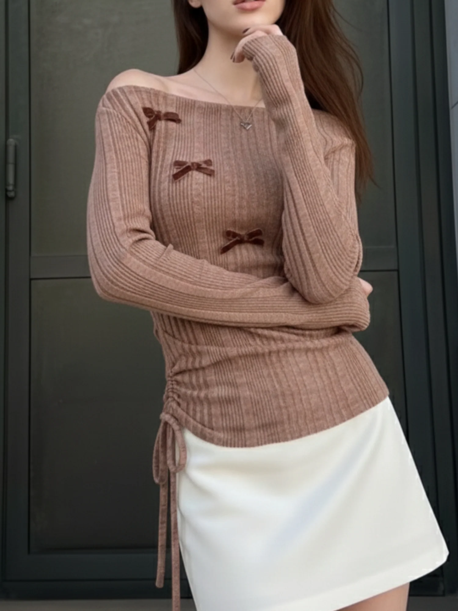 Rust Textured Full Sleeve Bow Detail Top - Image 4