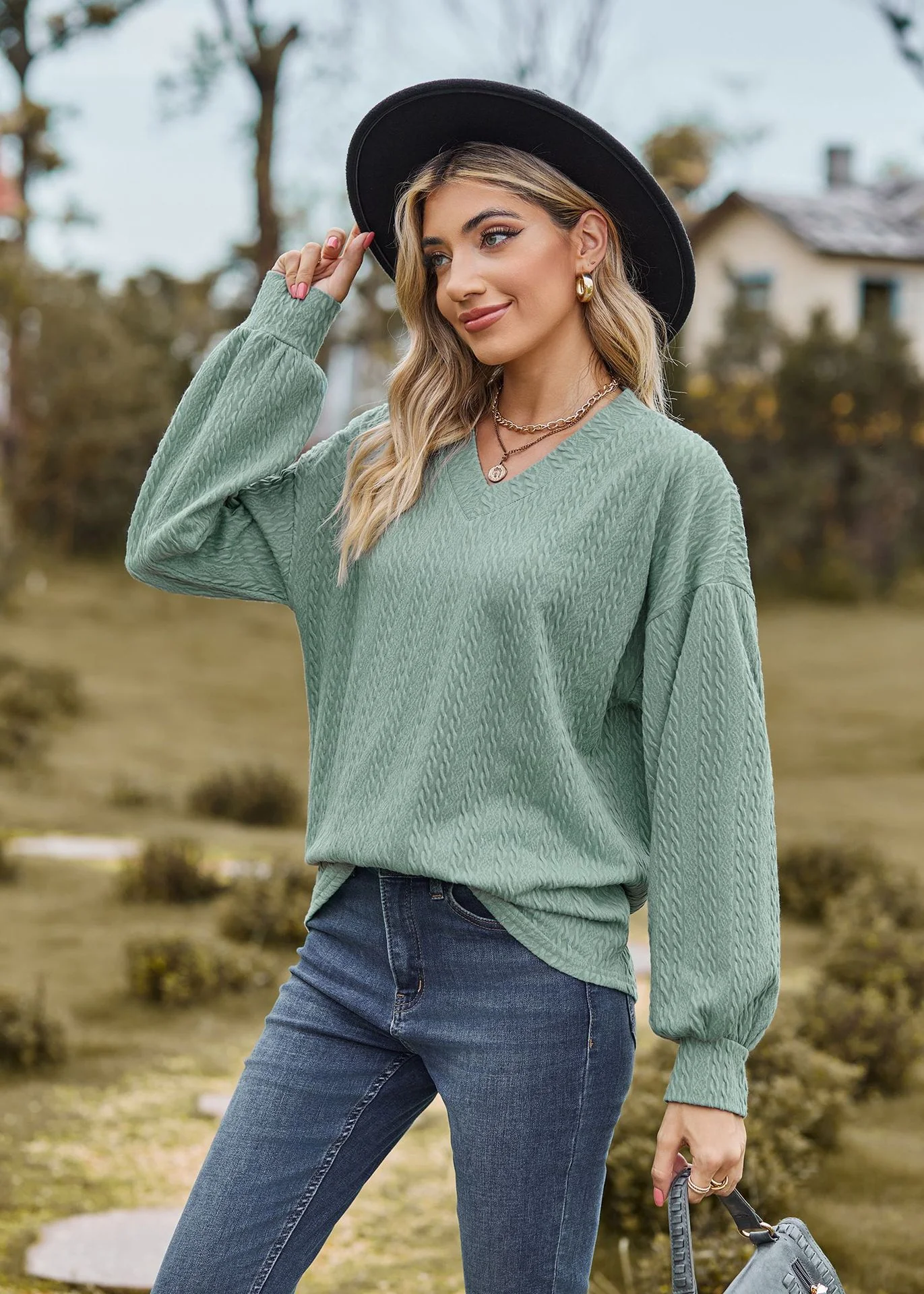 Sea Green Bishop Sleeve V Neck Sweatshirt - Image 3
