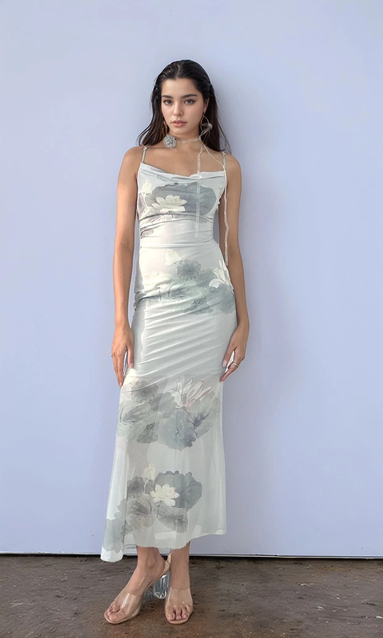 Sea Green Floral Cowl Dress - Image 2