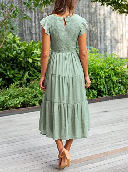 Sea Green Solid Flutter Sleeved And Tiered Dress - Image 2