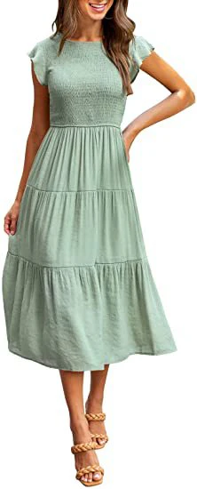 Sea Green Solid Flutter Sleeved And Tiered Dress - Image 3
