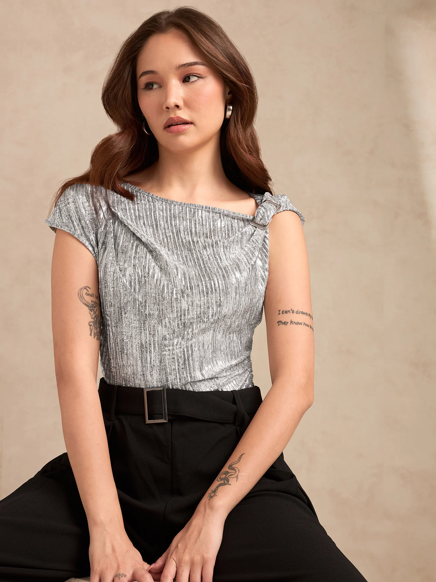 Silver Metallic Textured Twisted Strap Top - Image 8