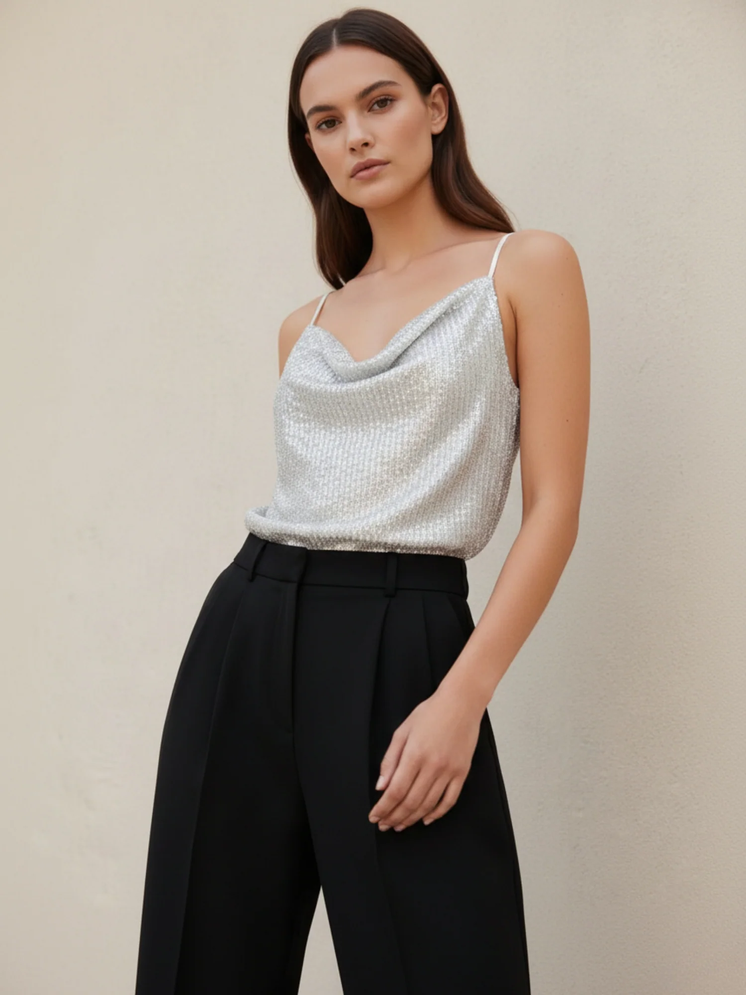 Silver Spaghetti Strap Sequined Camisole - Image 2